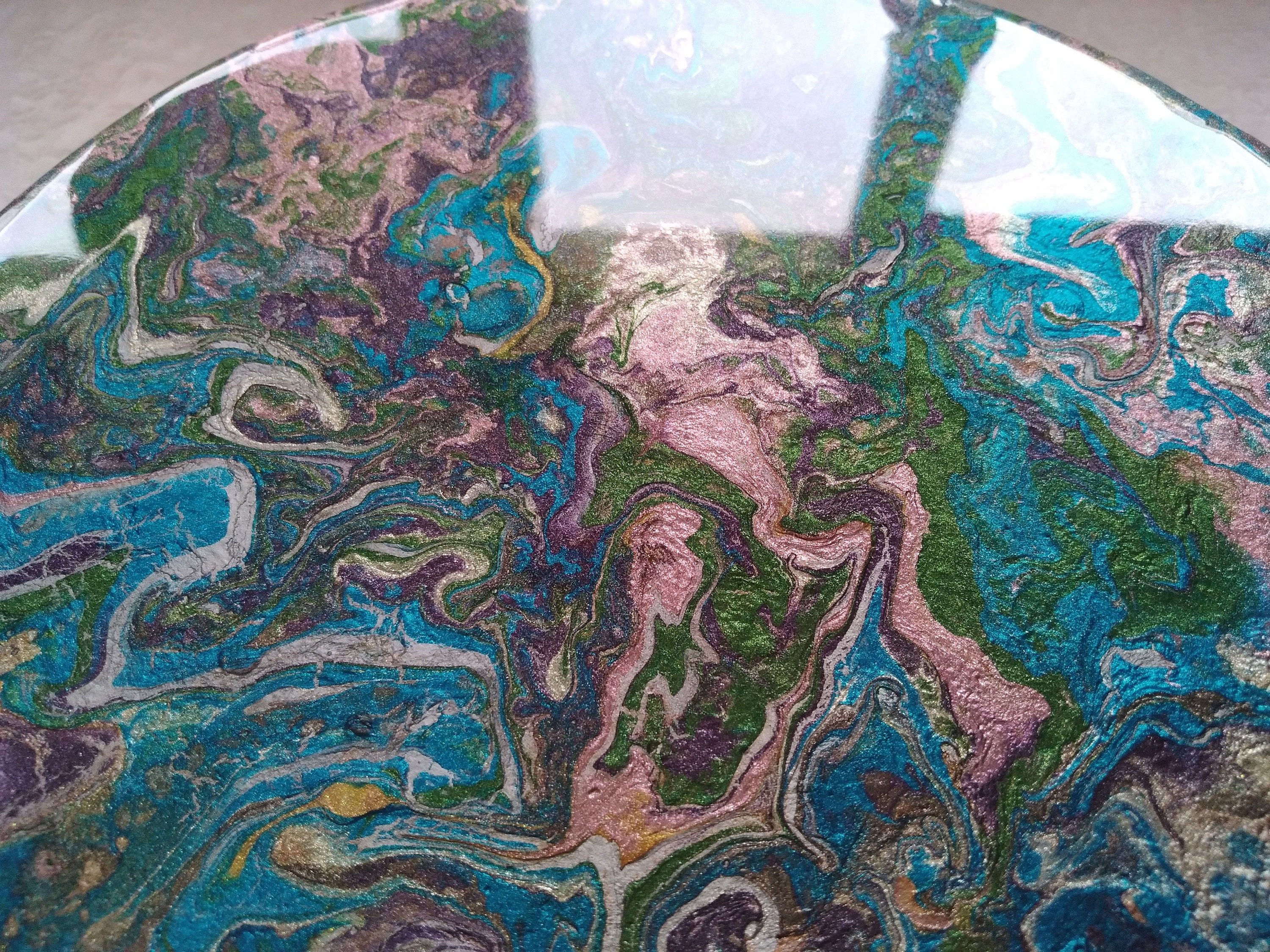 Round Small Boho Resin Sofa Coffee Table, Modern Wooden Green Bedside Wood Unique Brown Epoxy End Side Farmhouse Abstract Art Coffee Table