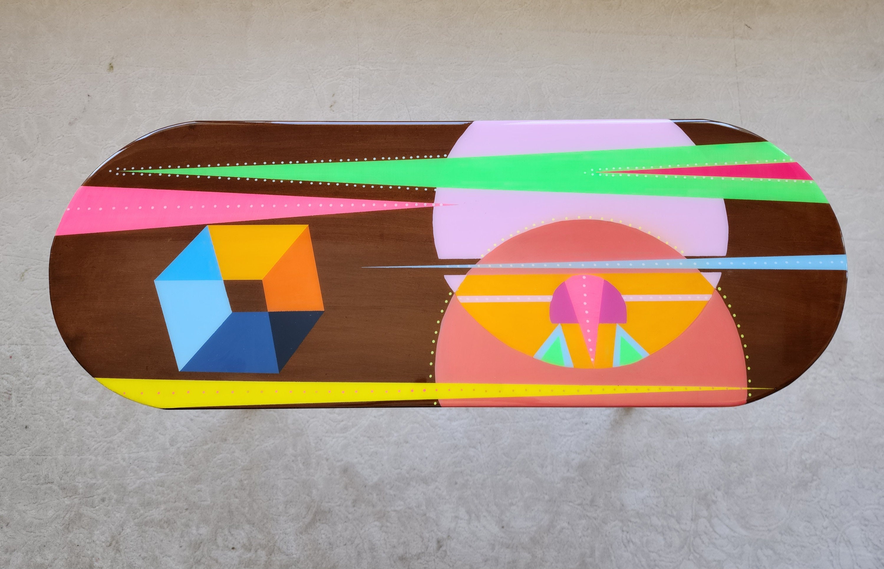 Oval Handmade Funky Colorful Resin Side Coffee Table,Wooden Retro Vintage Abstract Painted Pop Art Living Room Cool Pink Brown Unusual Table