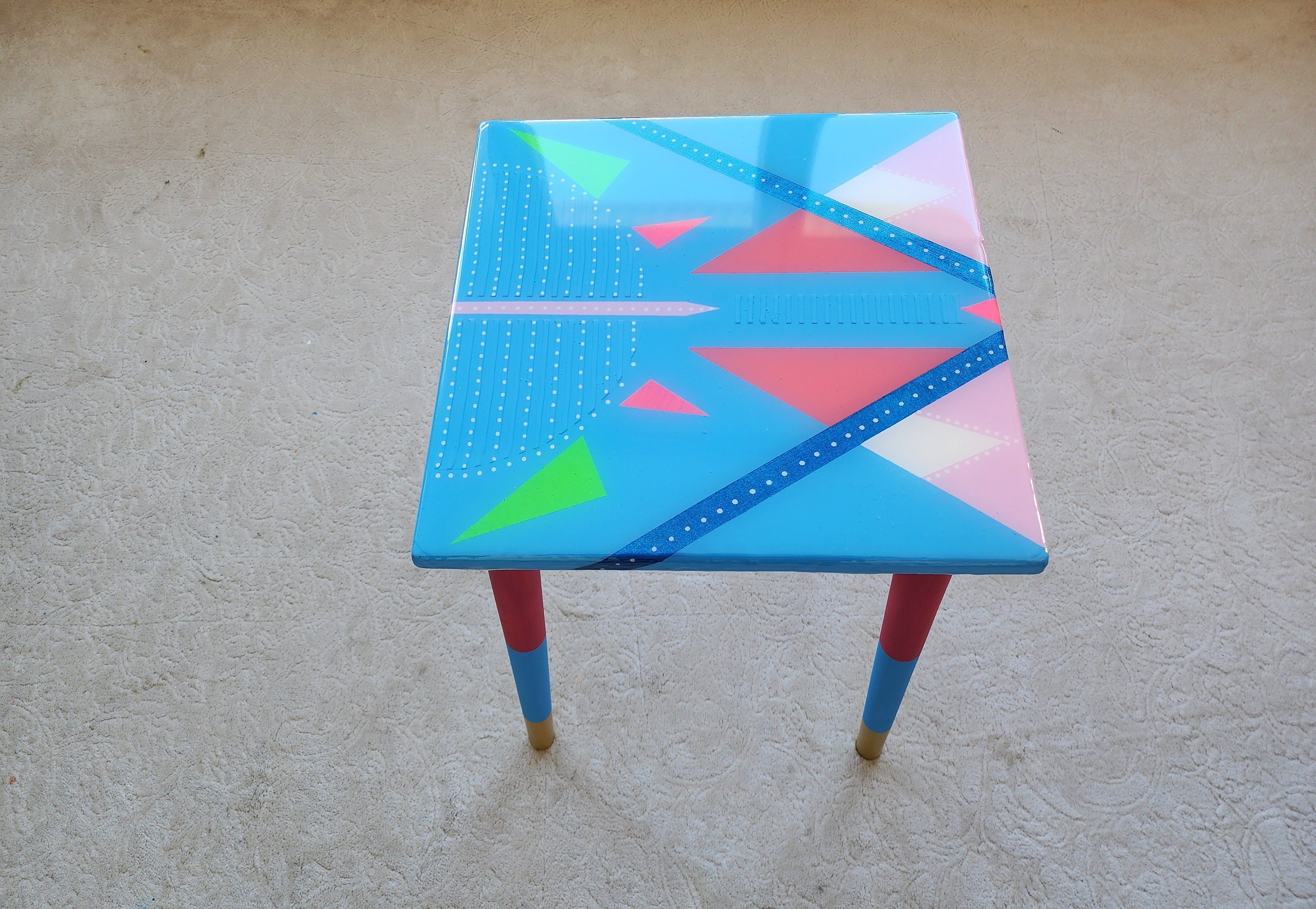 Small Wooden Abstract Resin Cool Side Coffee Table,Blue Modern Bedside Living Room Entryway End Colorful Handmade Funky Boho Epoxy Art Table