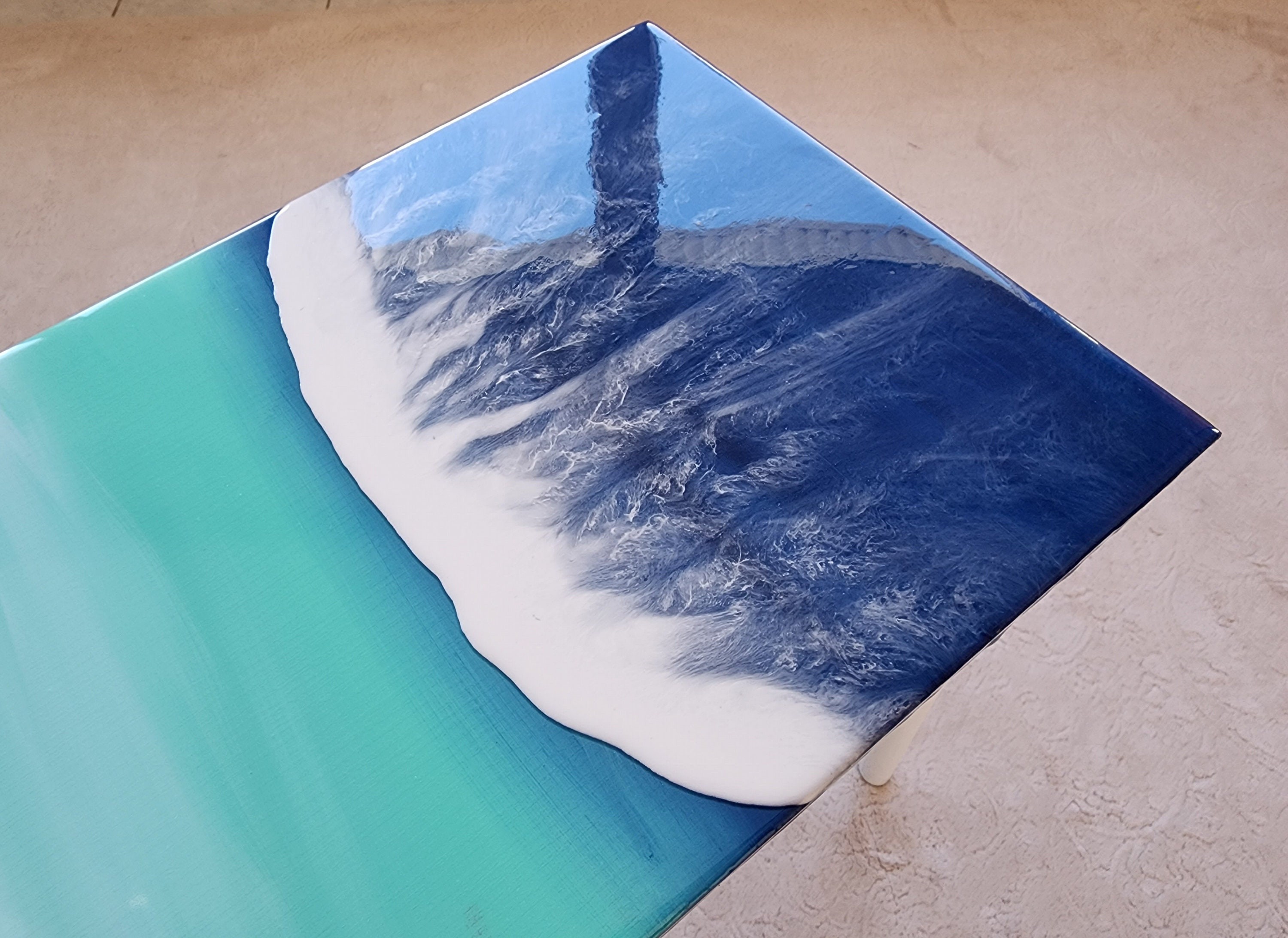Small Natural Epoxy Resin Coastal Beach Side Coffee Table, Unique Cool Nautical Bedside Bedroom Entryway Sea House Decor Blue End  Table