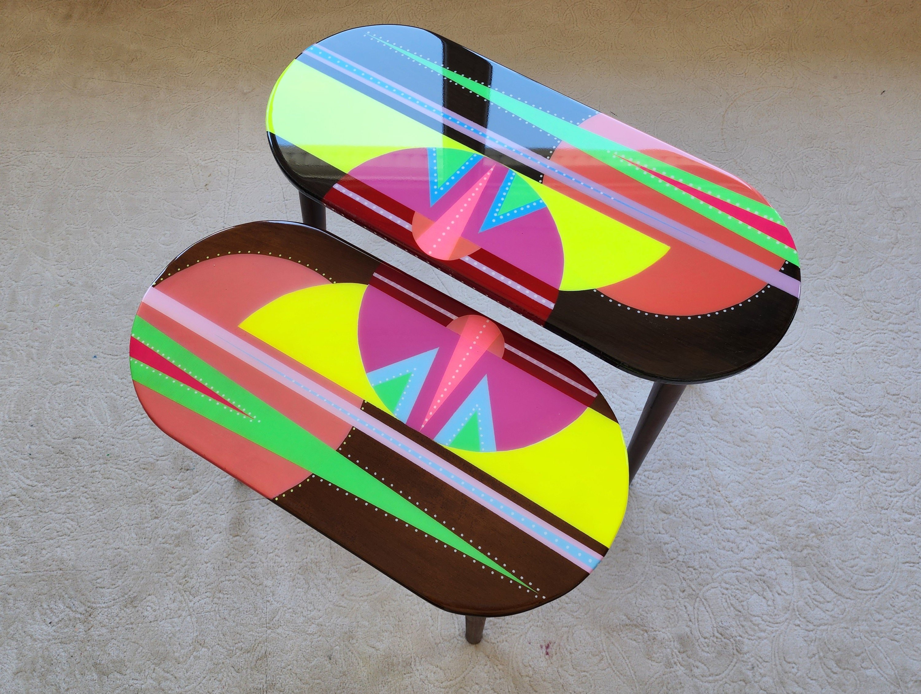 Unusual Pink Funky Colorful Side Narrow Resin Coffee Tables,Maximalist Eclectic Abstract Cool Neon Painted Leg Epoxy Cute Boho Pop Art Table