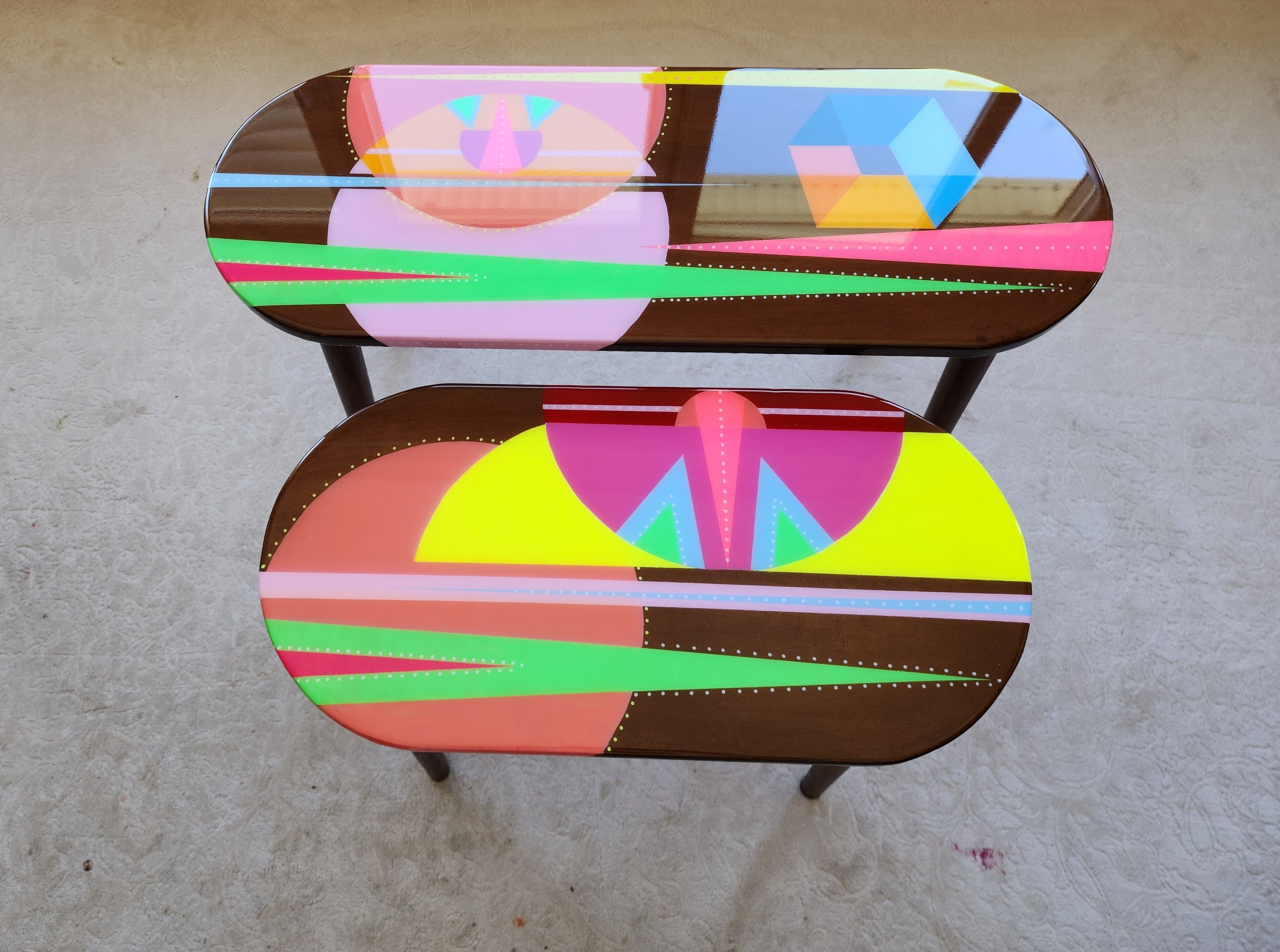 Unusual Pink Funky Colorful Side Narrow Resin Coffee Tables,Maximalist Eclectic Abstract Cool Neon Painted Leg Epoxy Cute Boho Pop Art Table