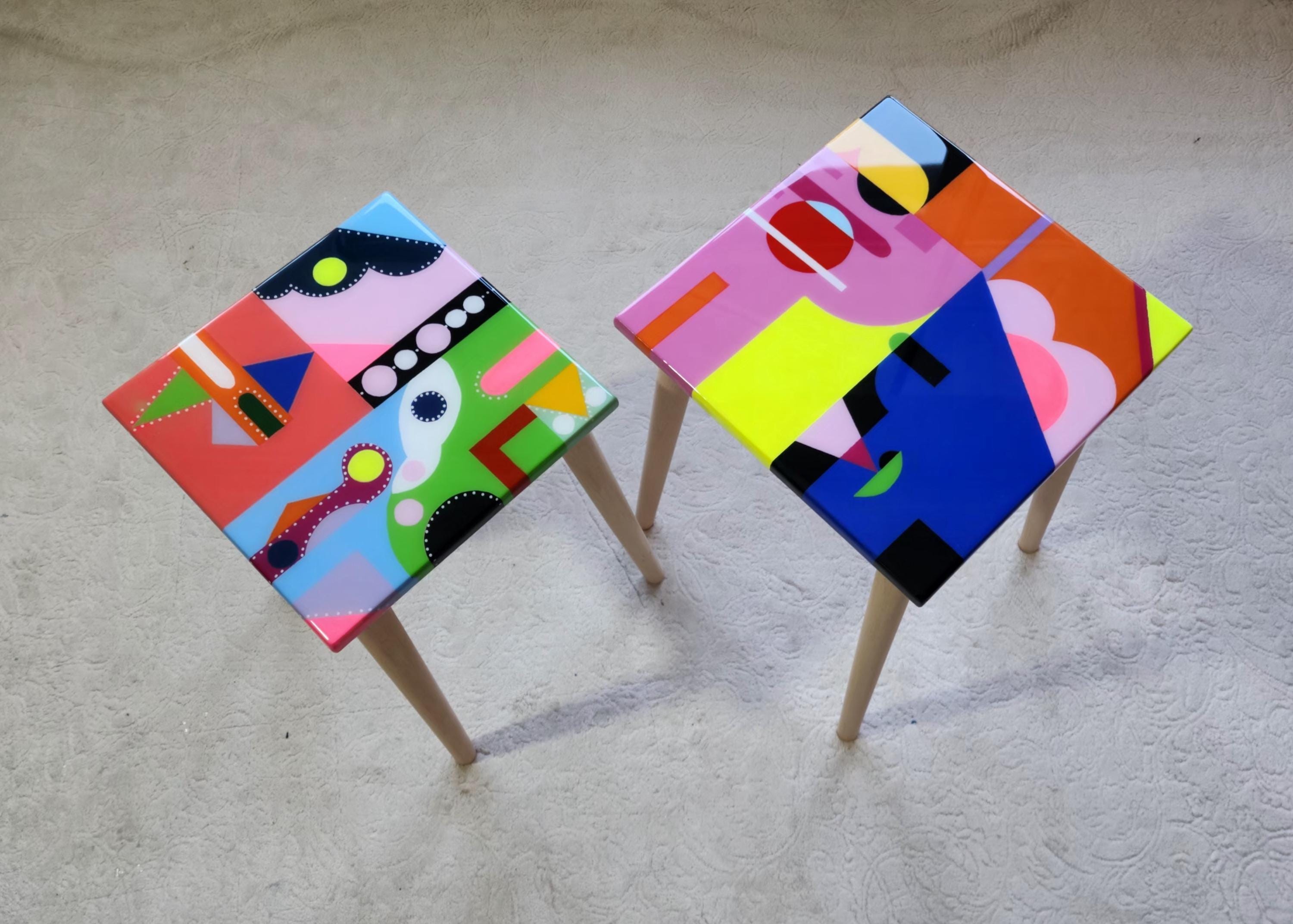 Colorful Small Funky Hand Painted Epoxy Resin Side Coffee Tables