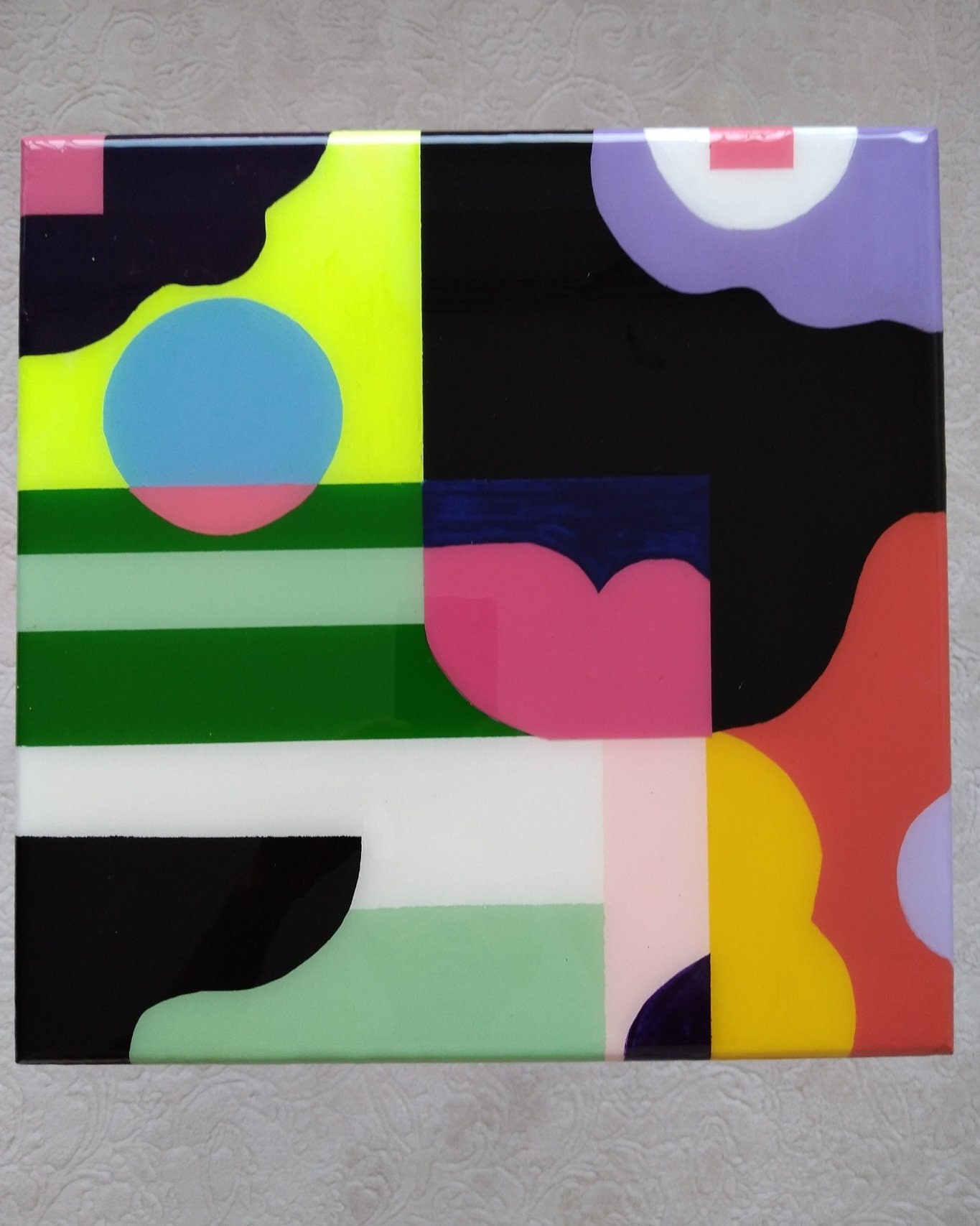 Artistic Abstract Colorful Black Epoxy Resin Coffee Table, Modern Unique Design Pink Stylish Painted Legs Cool Cute Handmade Sofa End Table