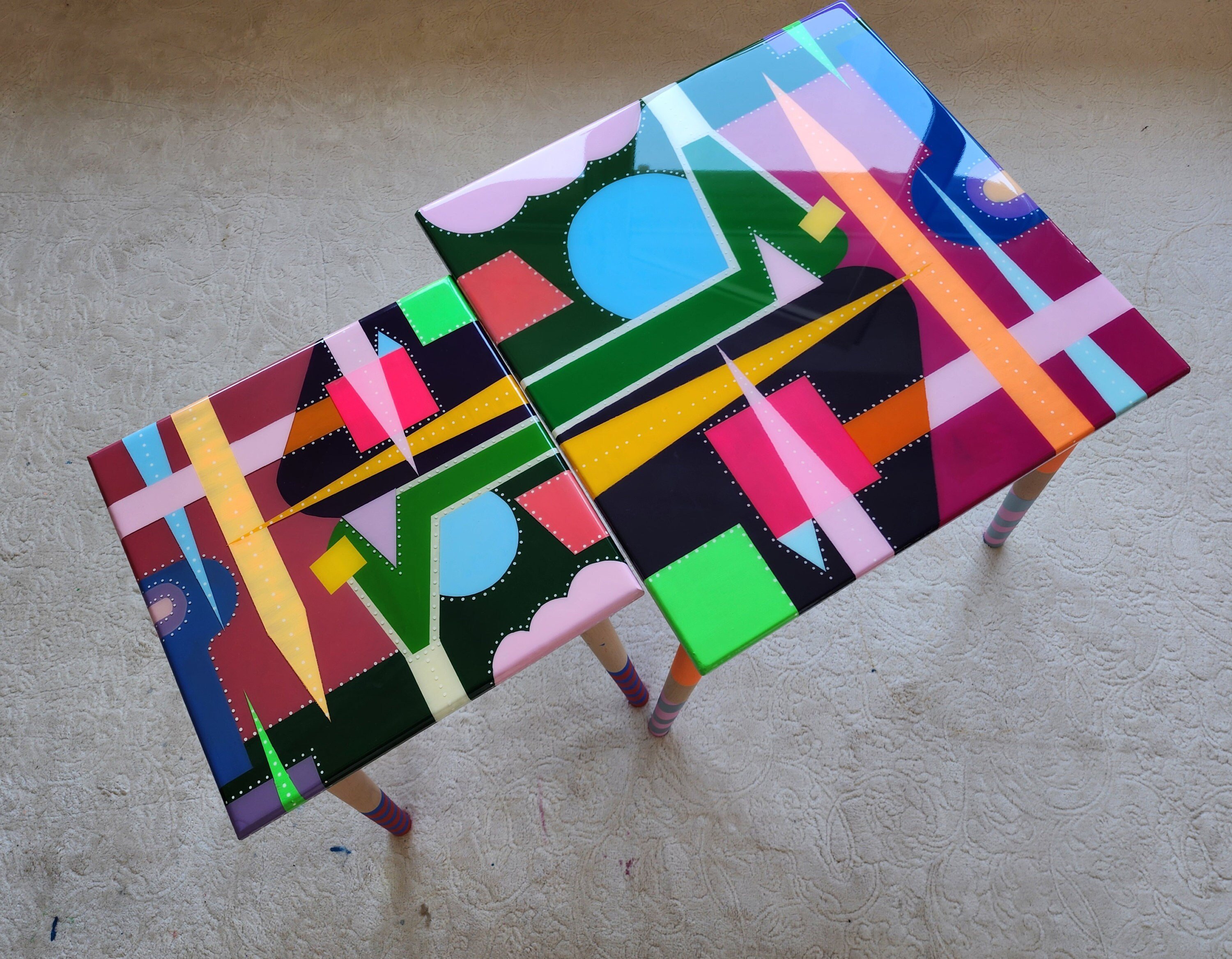Unusual Abstract Funky Colorful Side Nesting Art Resin Coffee Tables