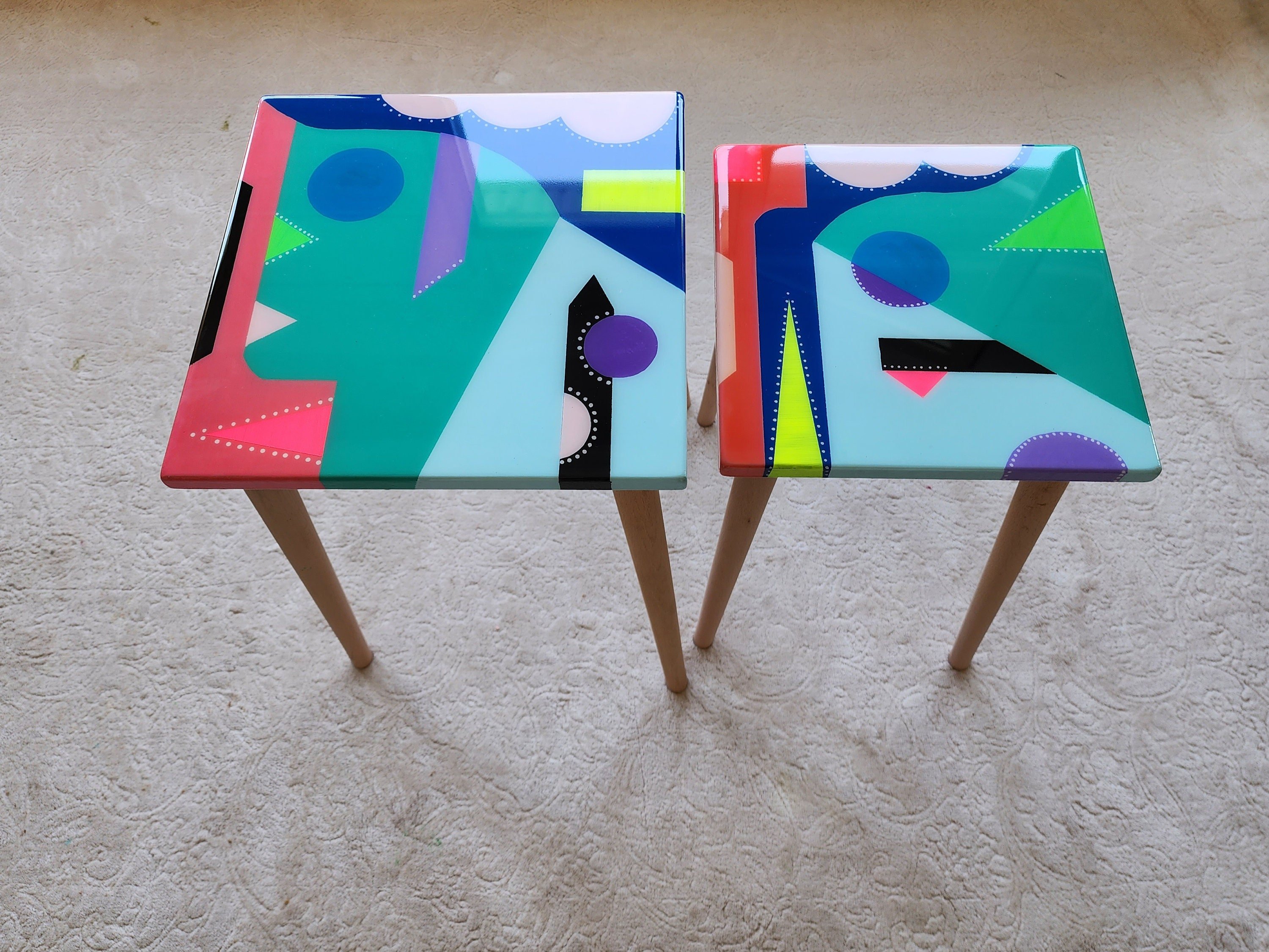 Unusual Epoxy Resin Colorful Abstract Side Coffee Tables, Eclectic Furniture, Blue Pink Modern Small Wooden Funky Pop Art Cool End Tables