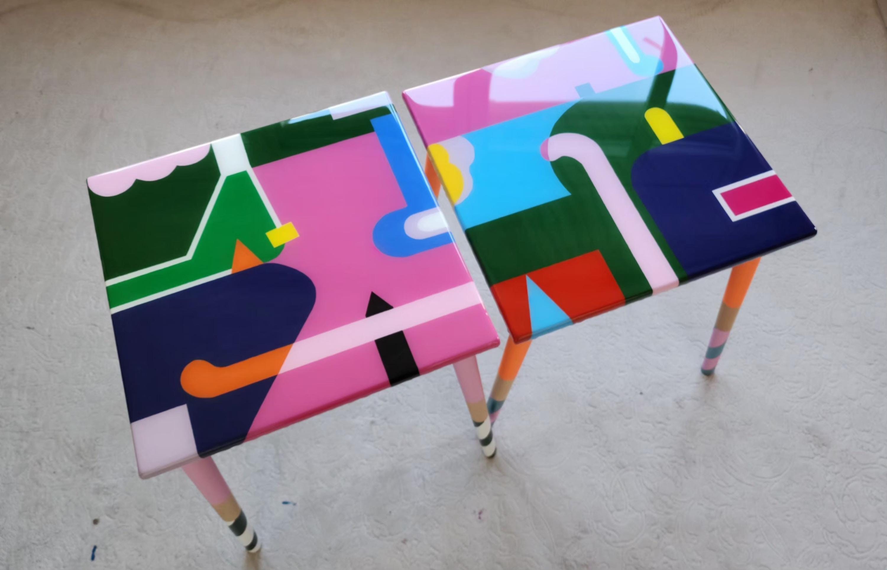 Handmade Colorful Abstract Resin Side Funky Coffee Tables, Modern Cool Bedside Living Room Entryway End Sofa Middle Wooden Epoxy Boho Tables