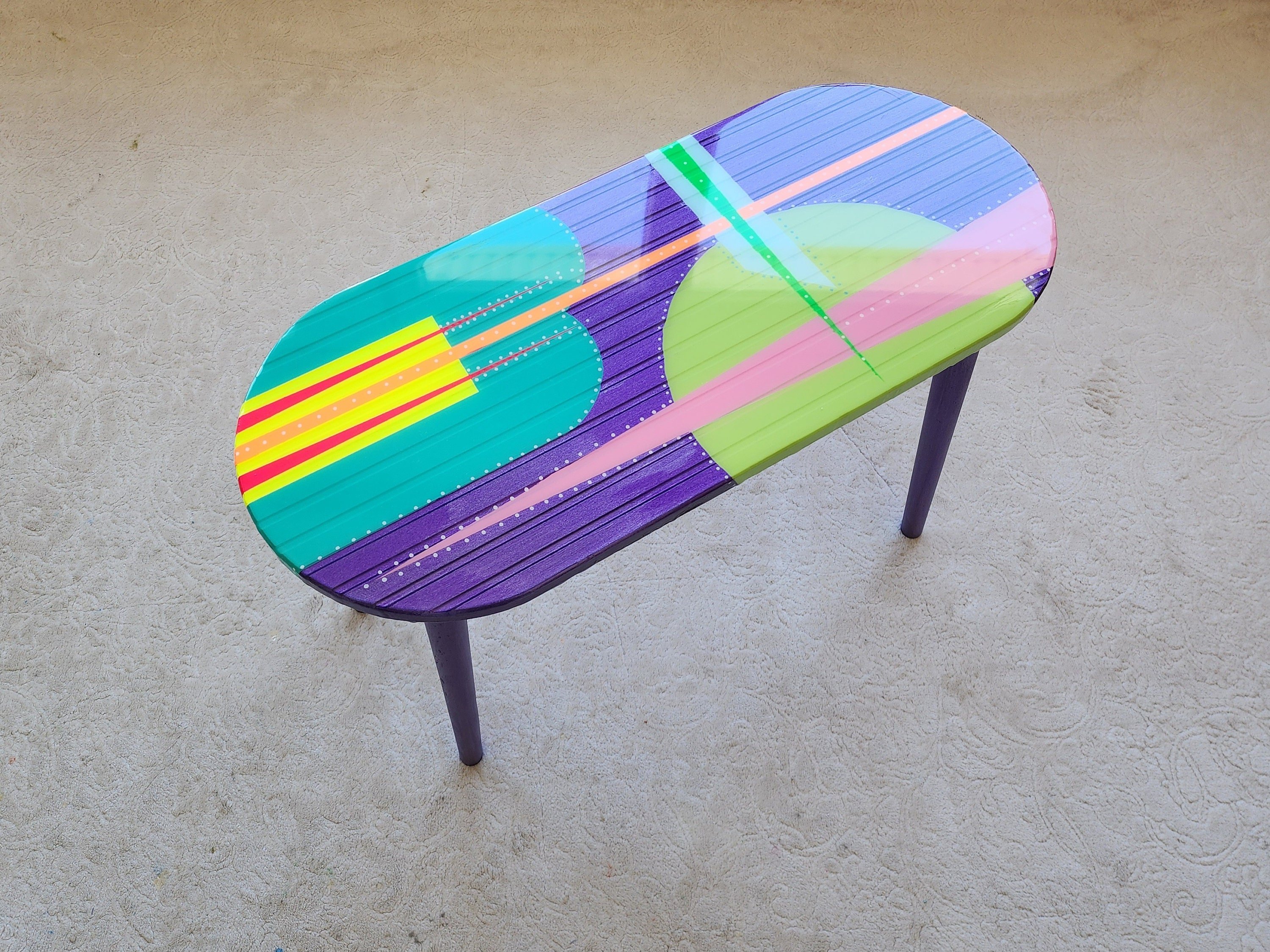 Unusual Oval Purple Funky Colorful Side Resin Coffee Table, Maximalist Eclectic Abstract Cool Neon Painted Leg Epoxy Cute Boho Pop Art Table