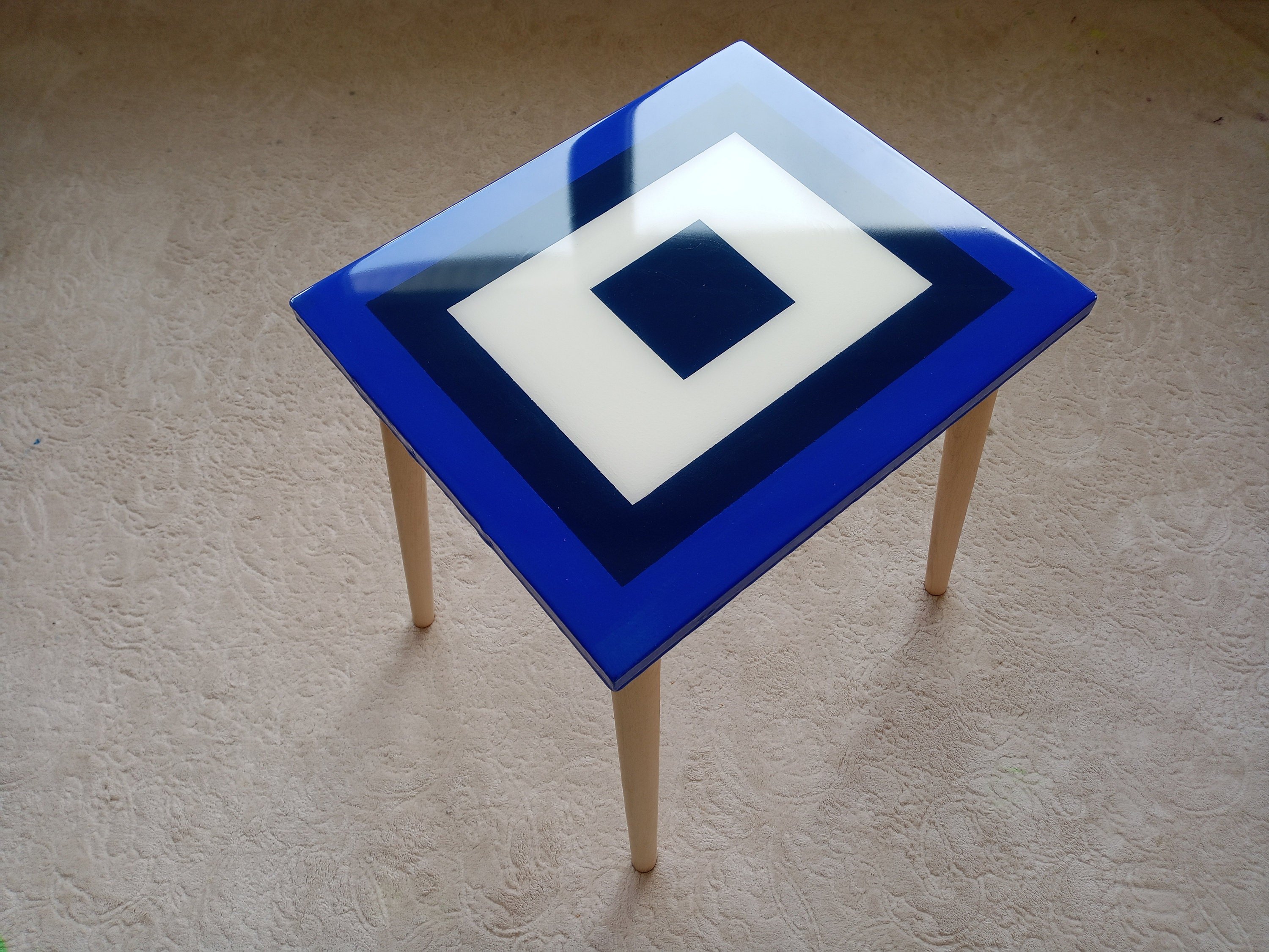 Square Resin Blue White Narrow Side Coffee Tables, Unique Wooden Bedside Living Room Modern Center End Sofa Minimal Abstract Epoxy Tables