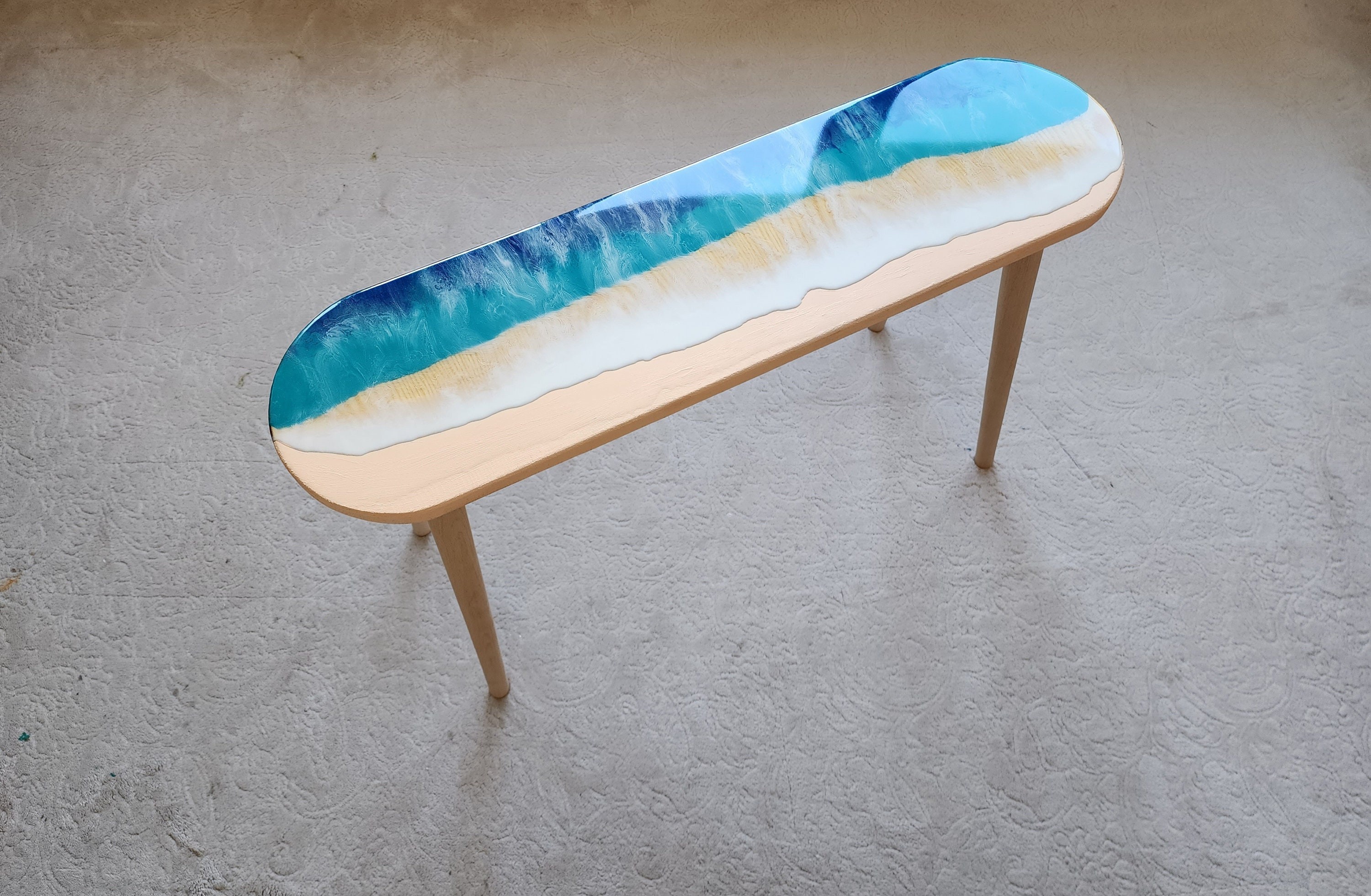 Oval Epoxy Resin Ocean Waves Side Coffee Table,  Natural Beach House Decor Blue Coastal Nautical Sea Themed Entryway Bedside Bedroom Table
