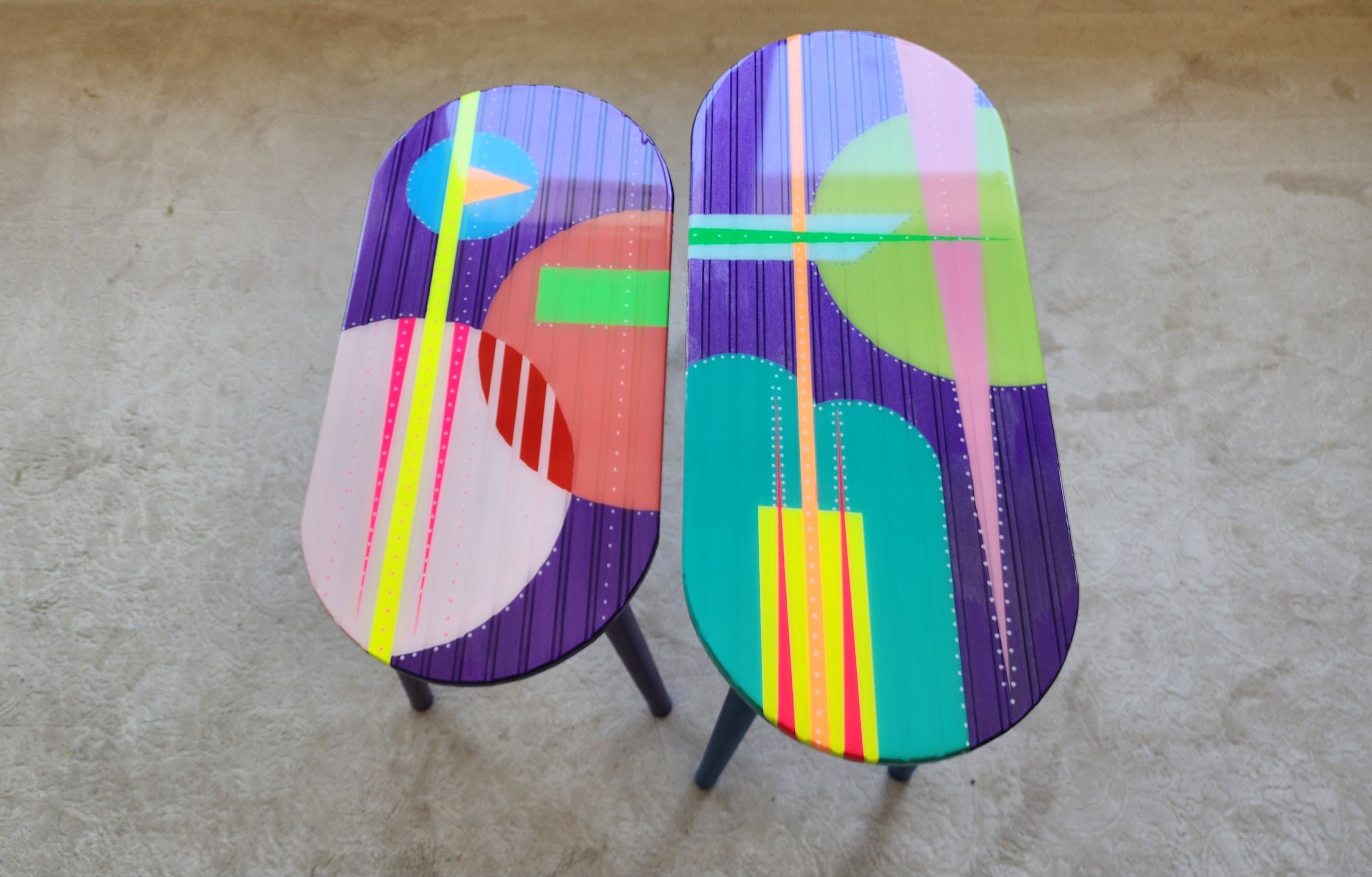 Oval Colorful Purple Pink Epoxy Resin Side Funky Tables, Abstract Modern Geometric  Cool Bedside Retro Vintage Pop Art Center Coffee Tables