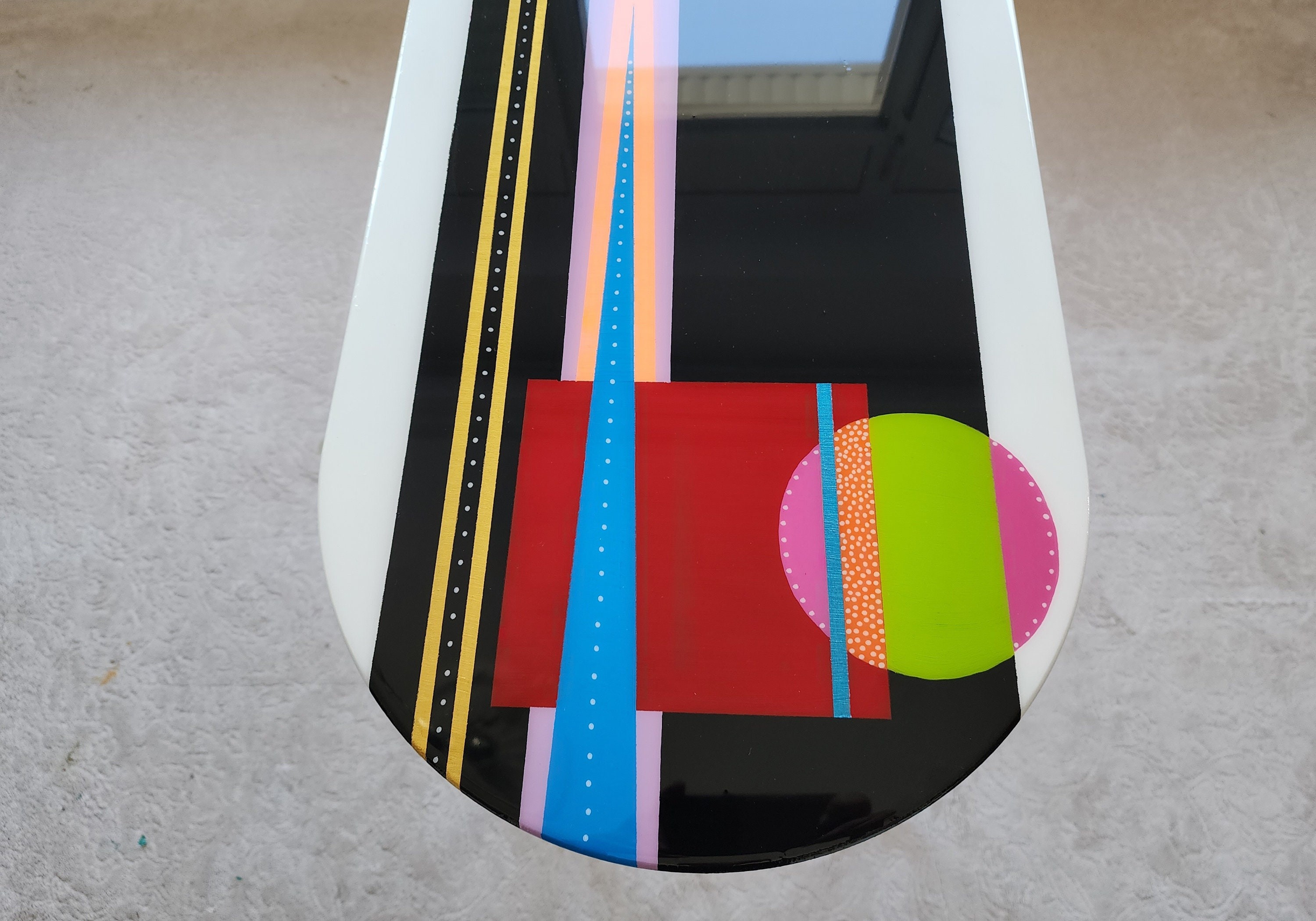 Unusual Colorful Abstract Funky Epoxy Resin White Table, Modern Handmade Cool Eclectic Retro Boho Pop Art Black Side End Center Coffee Table