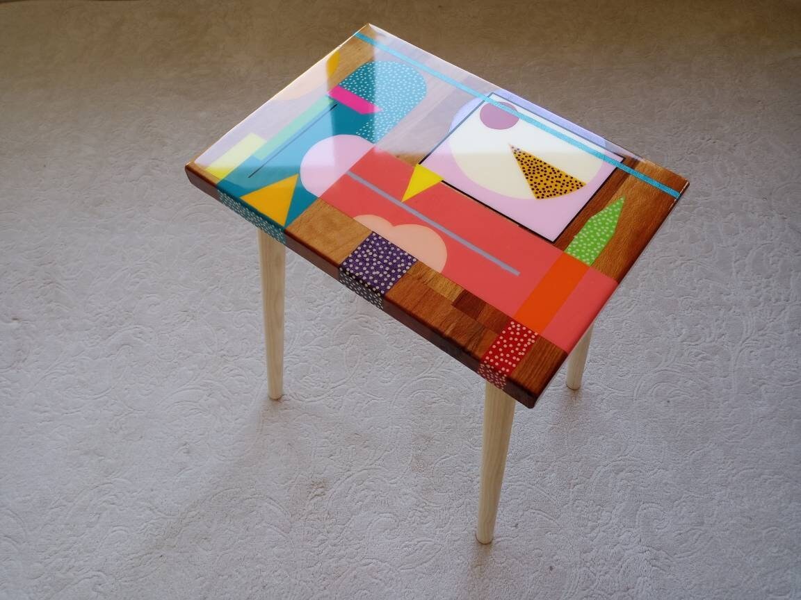 Small Wooden Handmade Resin Cool Side Coffee Table,Pink Modern Bedside Living Room Entryway End Colorful Abstract Funky Boho Epoxy Art Table