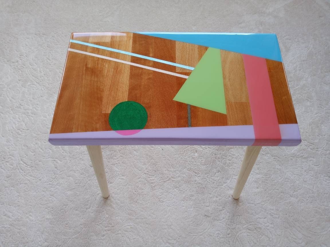 Small Bedside Narrow Resin Side Coffee Table, Unique Wood Wooden Blue Epoxy End Sofa Living Room Colorful Cool Abstract Funky Art Furniture