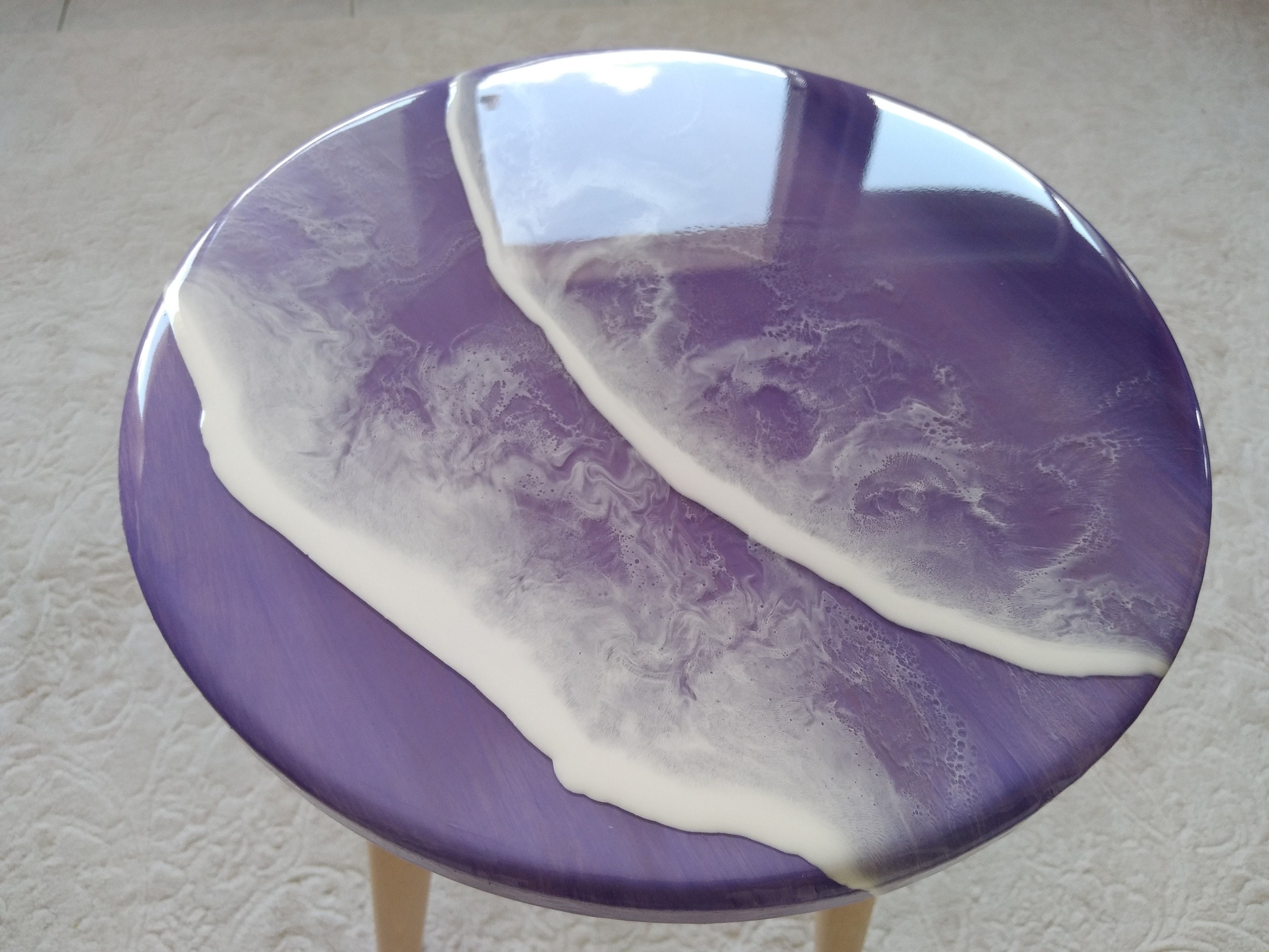 Unique Ocean Wave Resin Sofa Coffee Table, Purple Modern Natural Wood Side Art End Beach Art Design, Living Room, Bedside Bedroom Cool Table