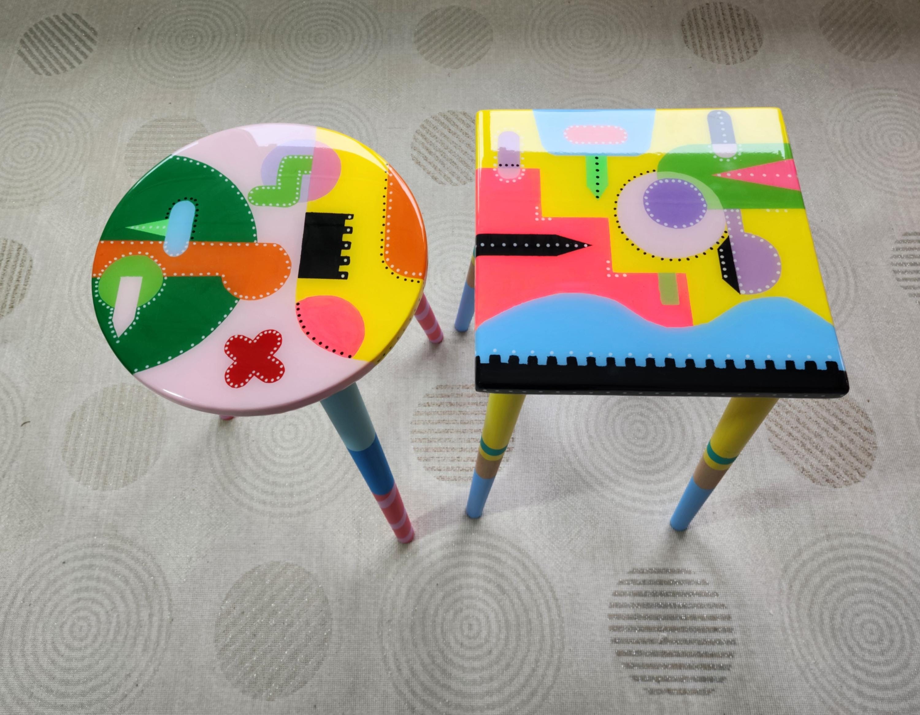 Colorful Painted Funky Abstract Cool Resin Side Coffee Tables,Wooden Modern Pink Orange Acrylic Quirky Bedside Furniture Cute Art Nightstand