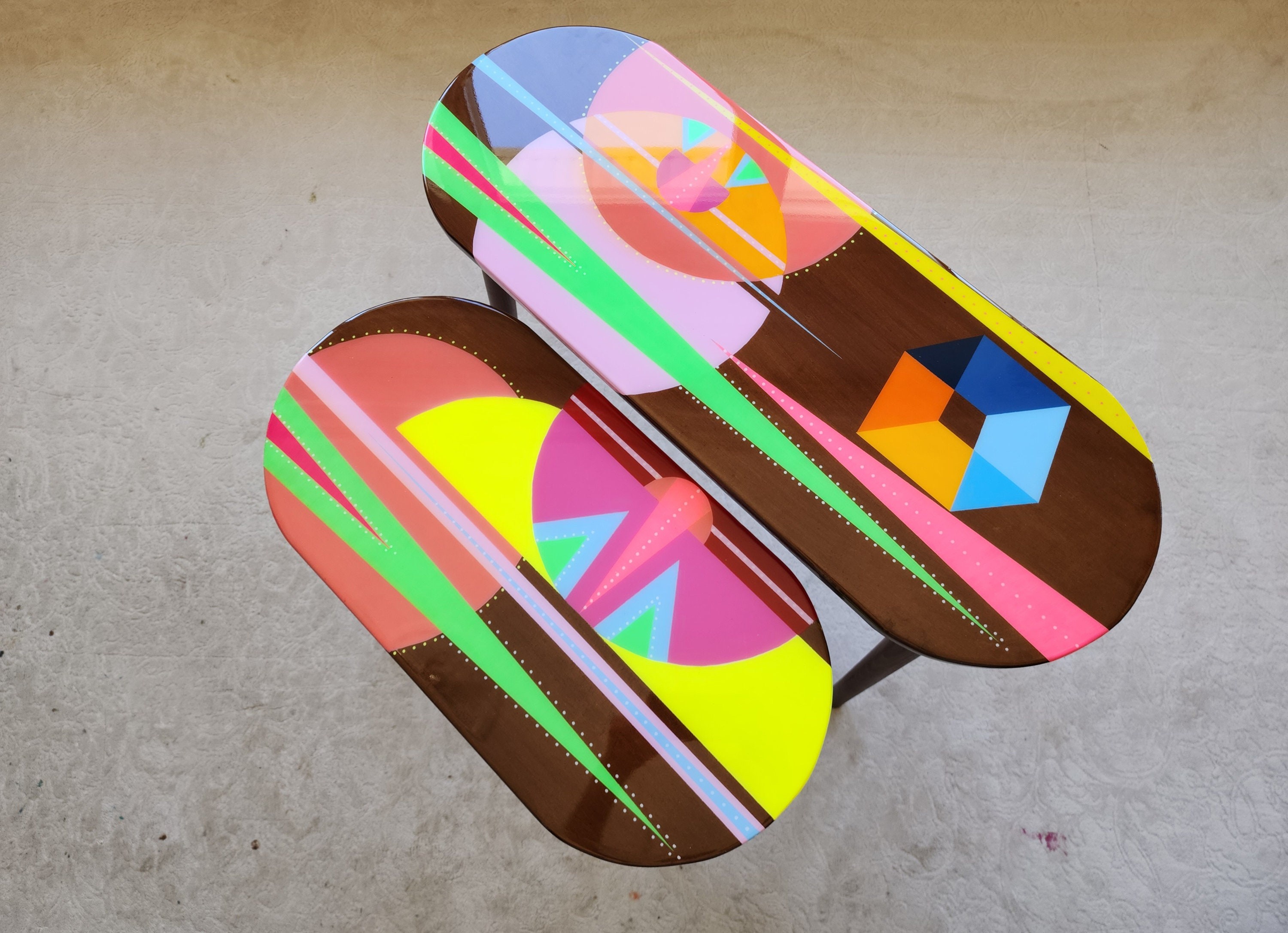 Unusual Pink Funky Colorful Side Narrow Resin Coffee Tables,Maximalist Eclectic Abstract Cool Neon Painted Leg Epoxy Cute Boho Pop Art Table
