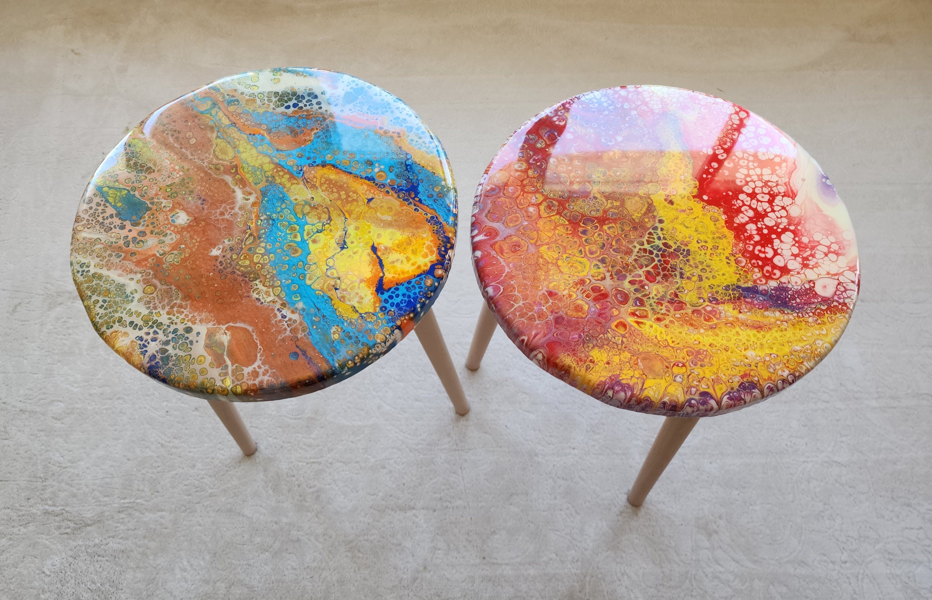 Round Colorful Abstract Epoxy Resin Side Coffee Tables, Cool Red Blue Wooden Postmodern Funky Nightstand Modern Handcrafted  End Art Table