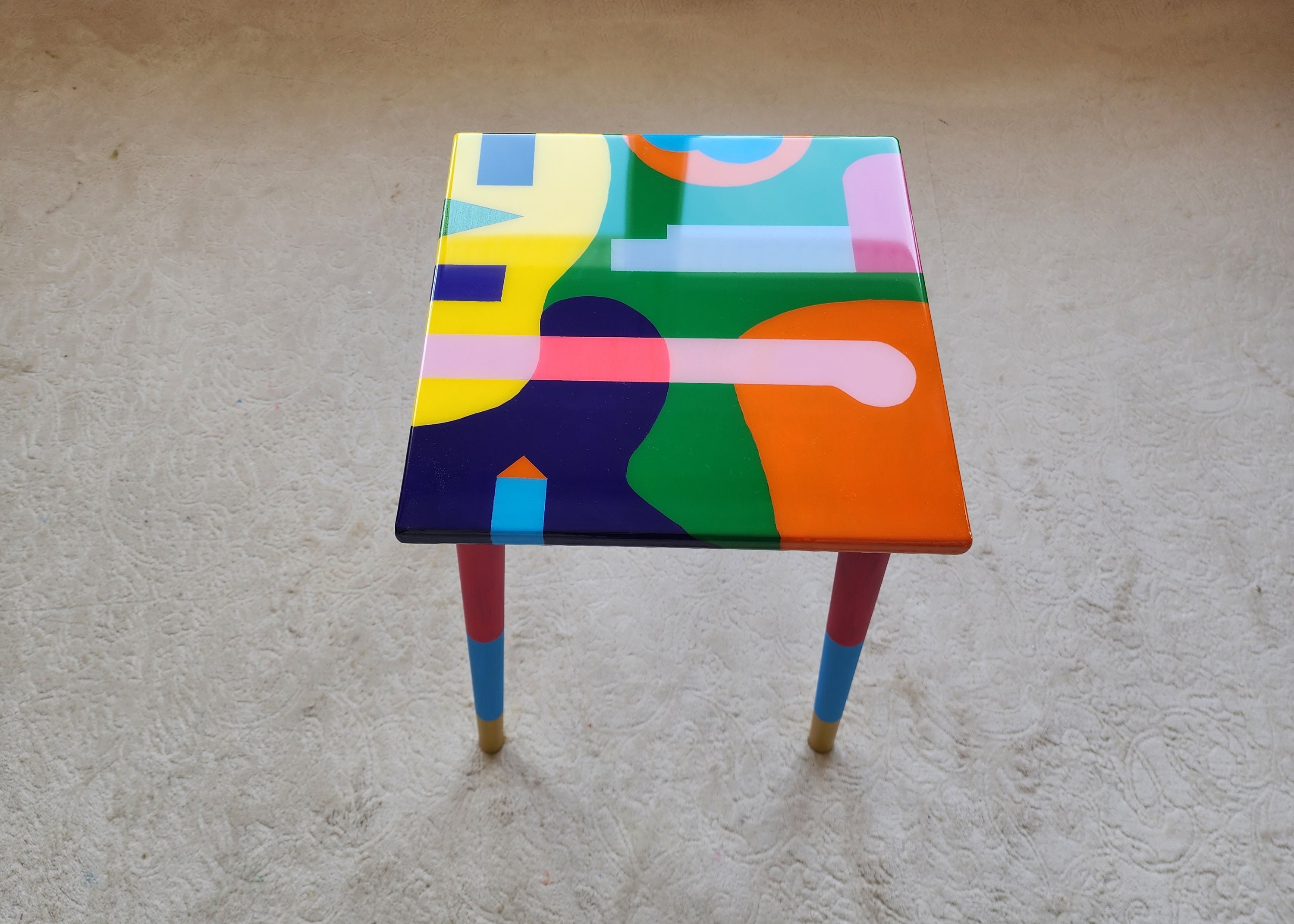 Square Colorful Funky Abstract Boho Resin Table,Pink Green Groovy Vibrant Wood Rainbow Retro Hippi End Side Cool Luxury Center Coffee Table