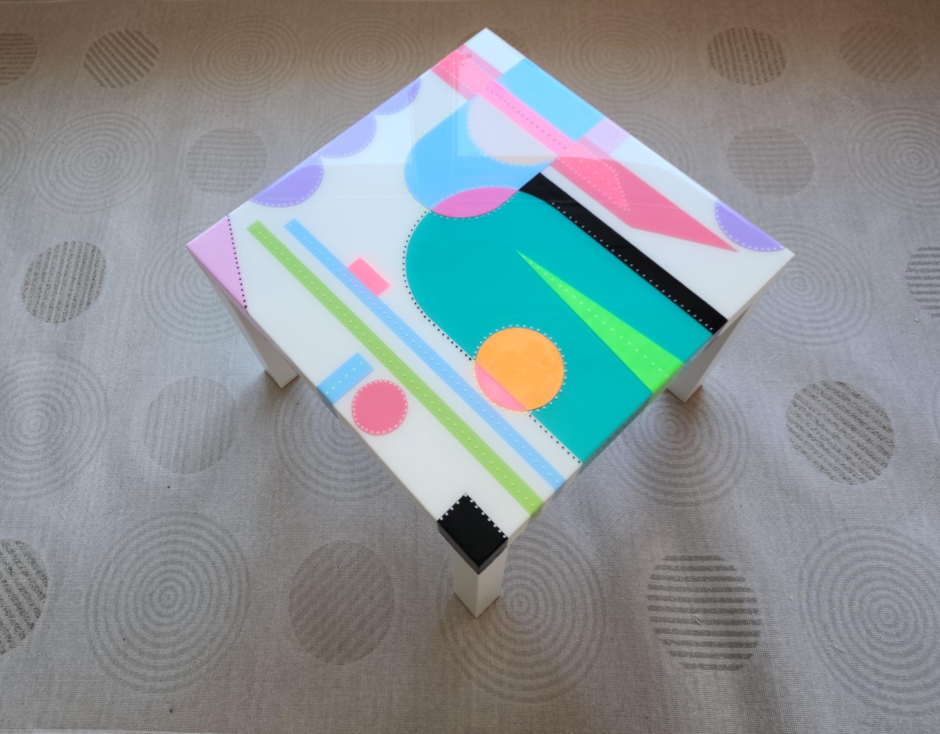 Square Colorful Funky Abstract Boho Resin Table,White Green Groovy Vibrant Wood Rainbow Retro Hippi End Side Cool Luxury Center Coffee Table