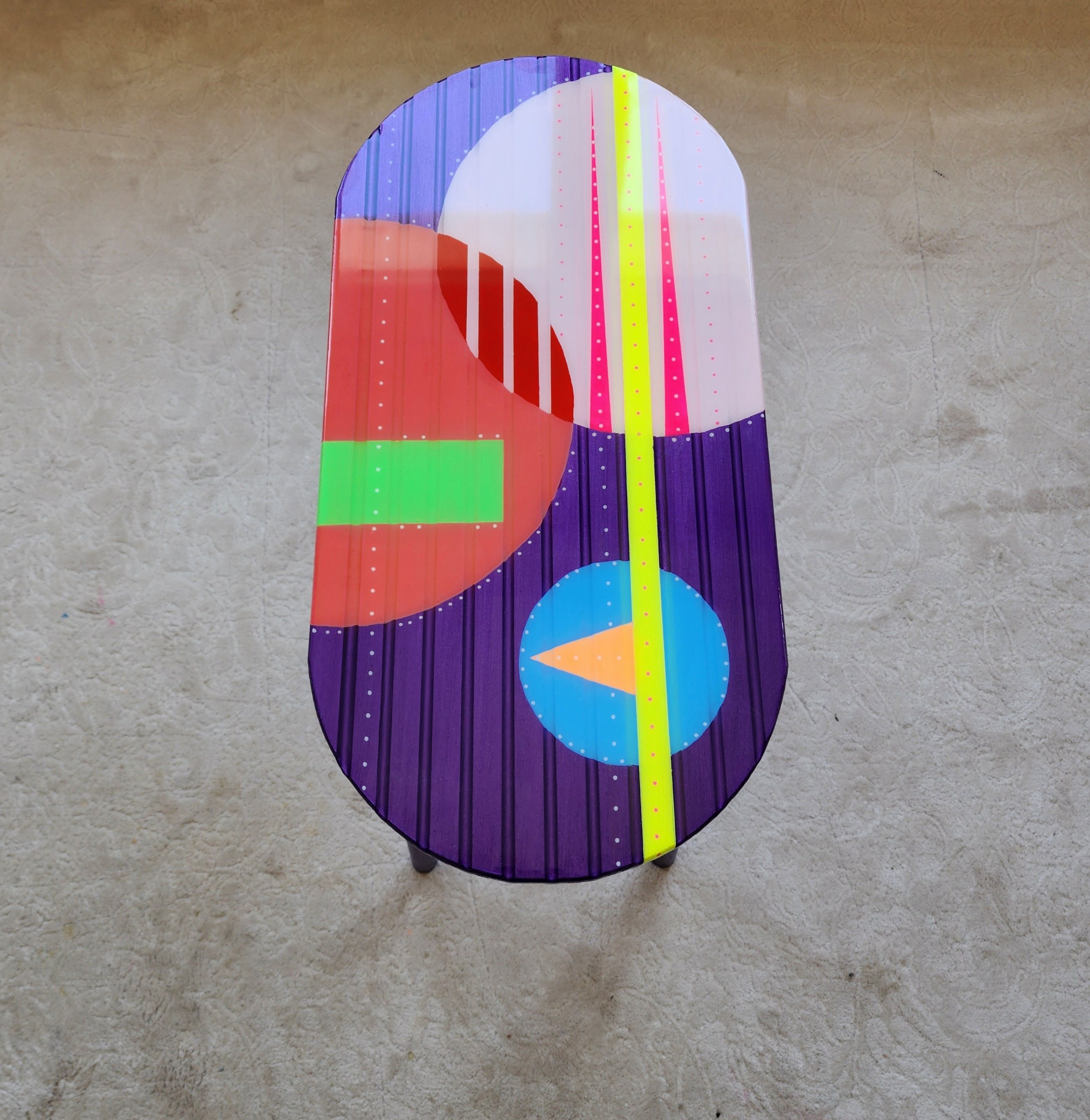 Modern Oval Colorful Abstract Funky Epoxy Resin Side Table, Wooden Minimalist Unique Aesthetic Maximalist Bedside Pink Art Coffee Table