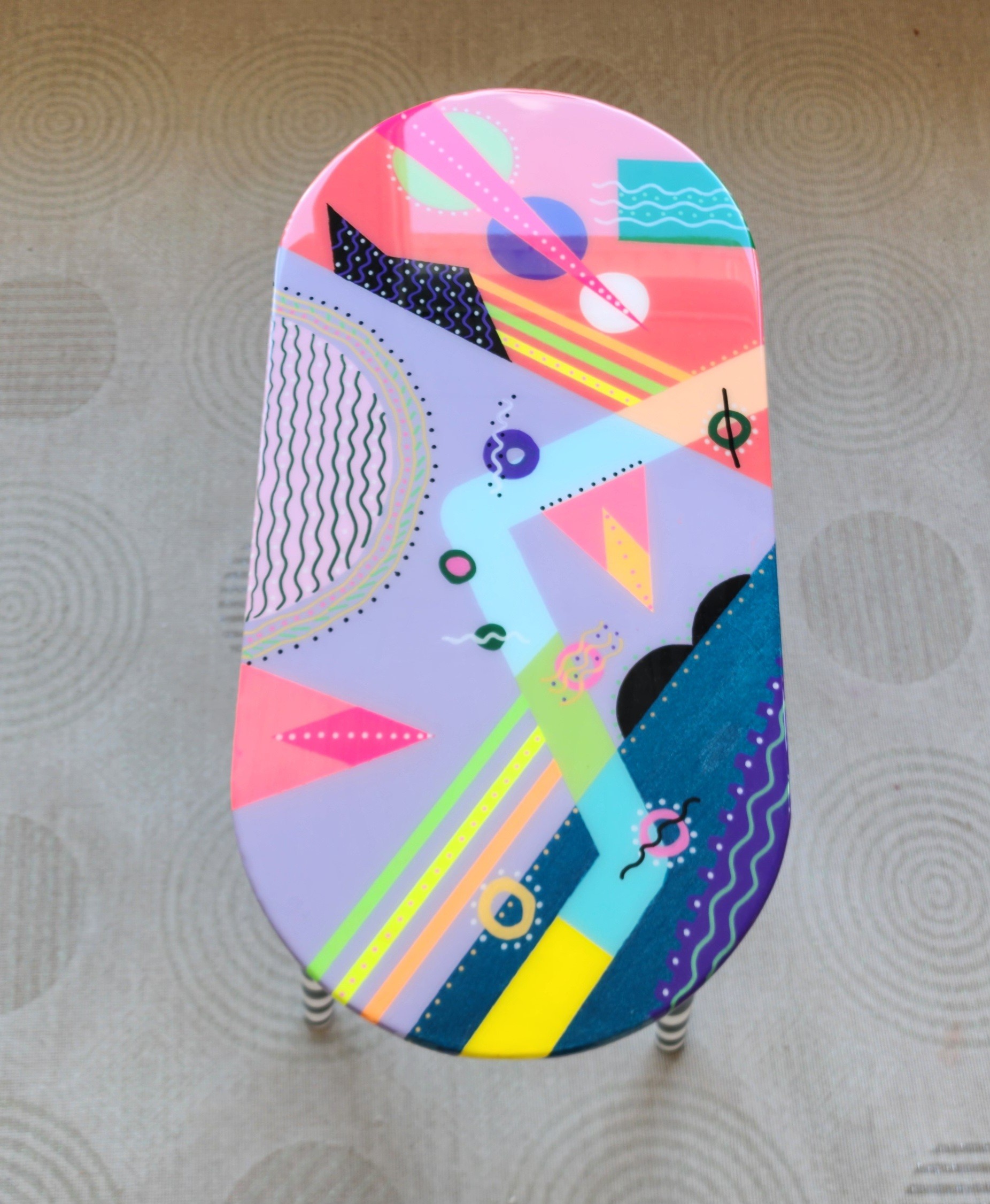 Wooden Oval Colorful Abstract Funky Resin Side Table