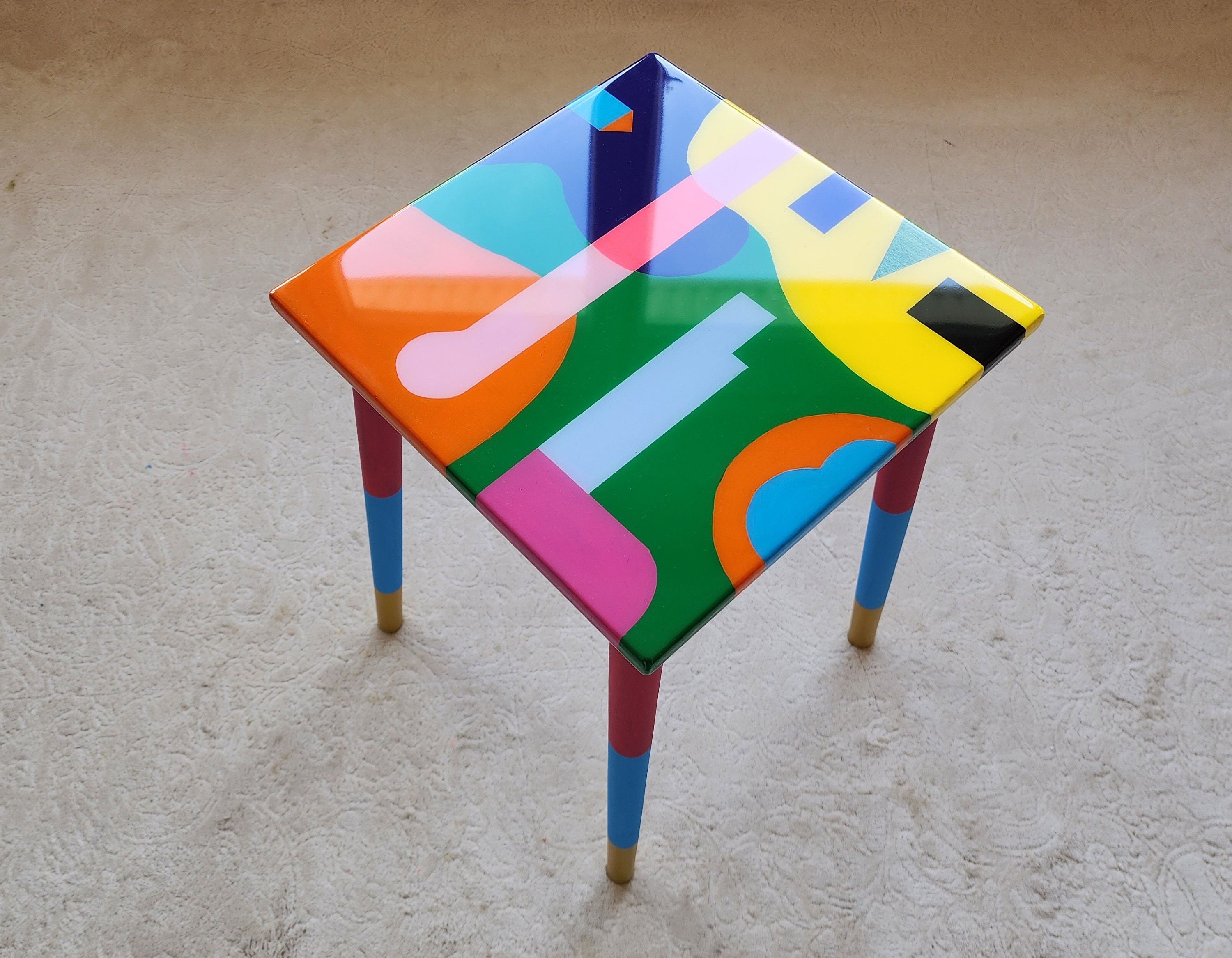 Square Colorful Funky Abstract Boho Resin Table,Pink Green Groovy Vibrant Wood Rainbow Retro Hippi End Side Cool Luxury Center Coffee Table