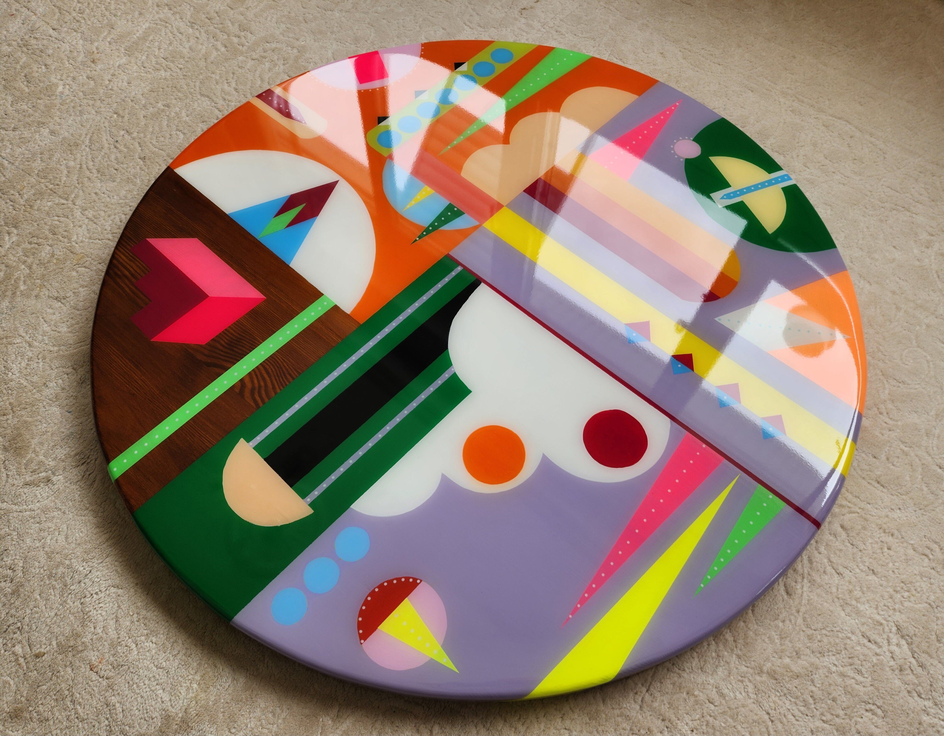 Round Wood Handmade Colorful Painted Epoxy Resin Table Top For Living Room Dinning Room Center Bedroom Office Custom Retro Artwork Table Top