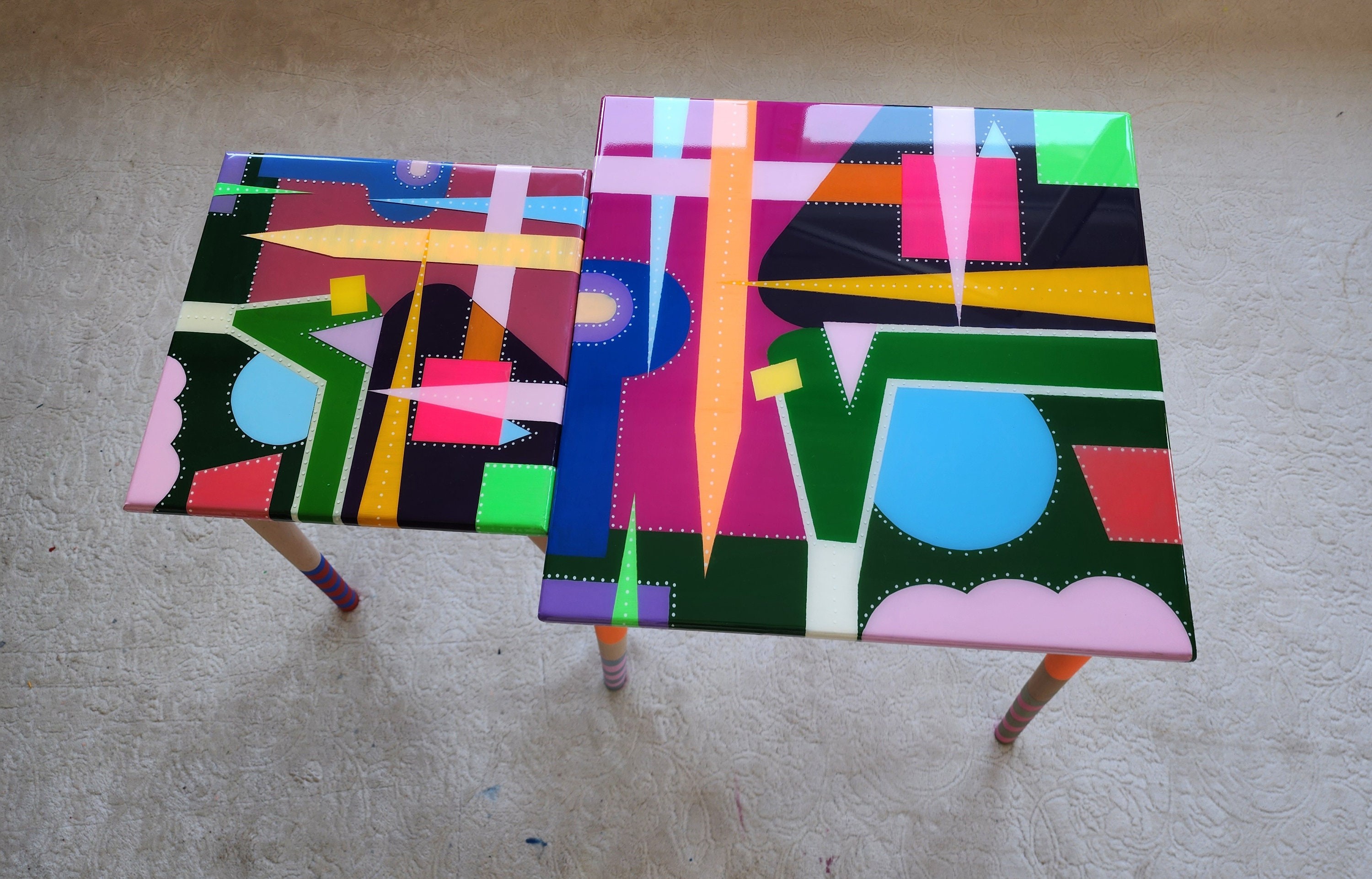 Unusual Abstract Funky Colorful Side Nesting Art Resin Coffee Tables