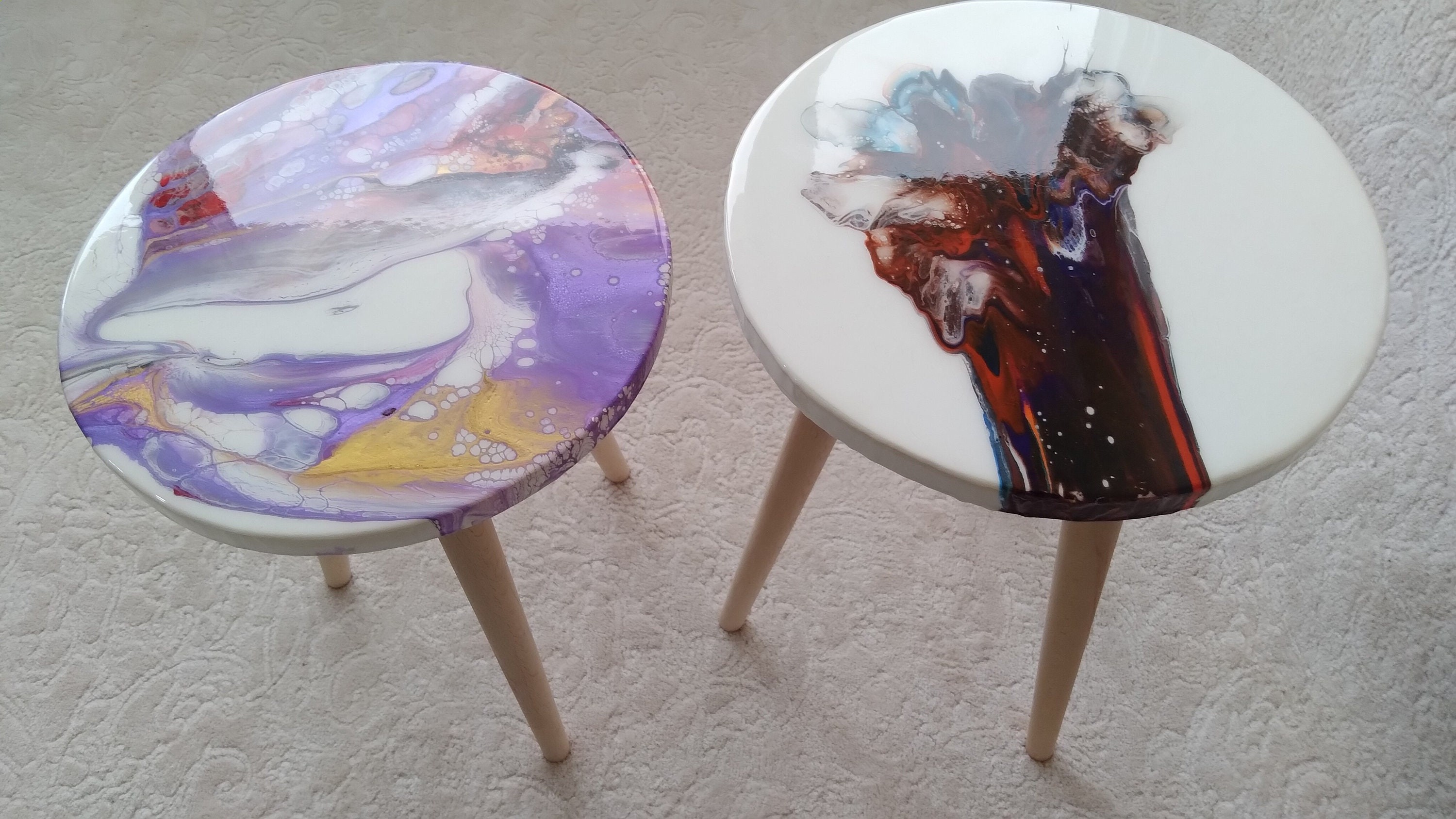 Wooden Colorful Resin Boho Side Coffee Tables, Living Room Bedside Entryway Cool Sofa End Center Wood Unique Purple Modern Epoxy Art Table