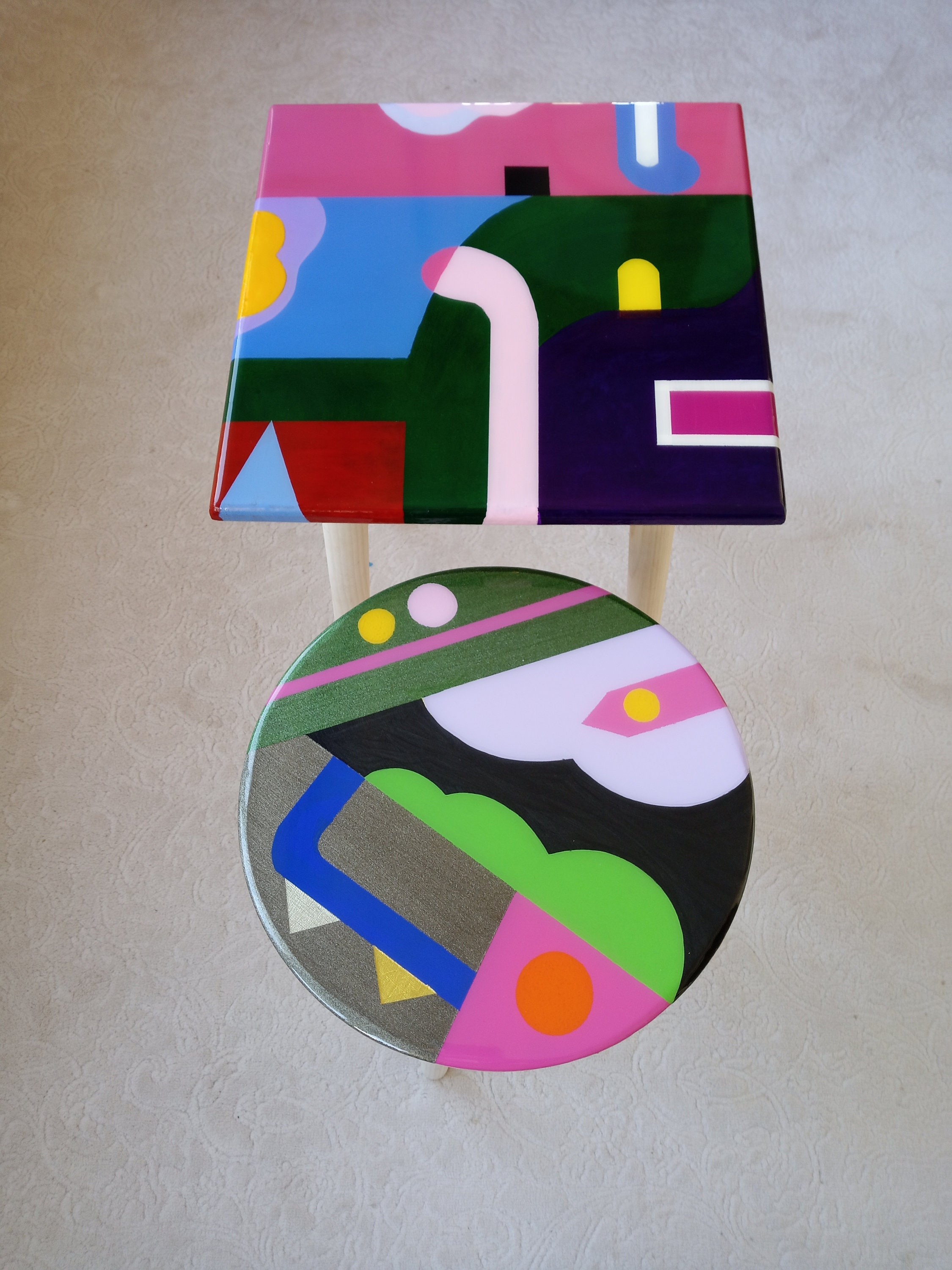 Pop Art Funky Resin Side End Coffee Tables, Modern Unique Colorful Wooden Abstract Pink Green Living Room Bedside Cool Epoxy Nesting Tables