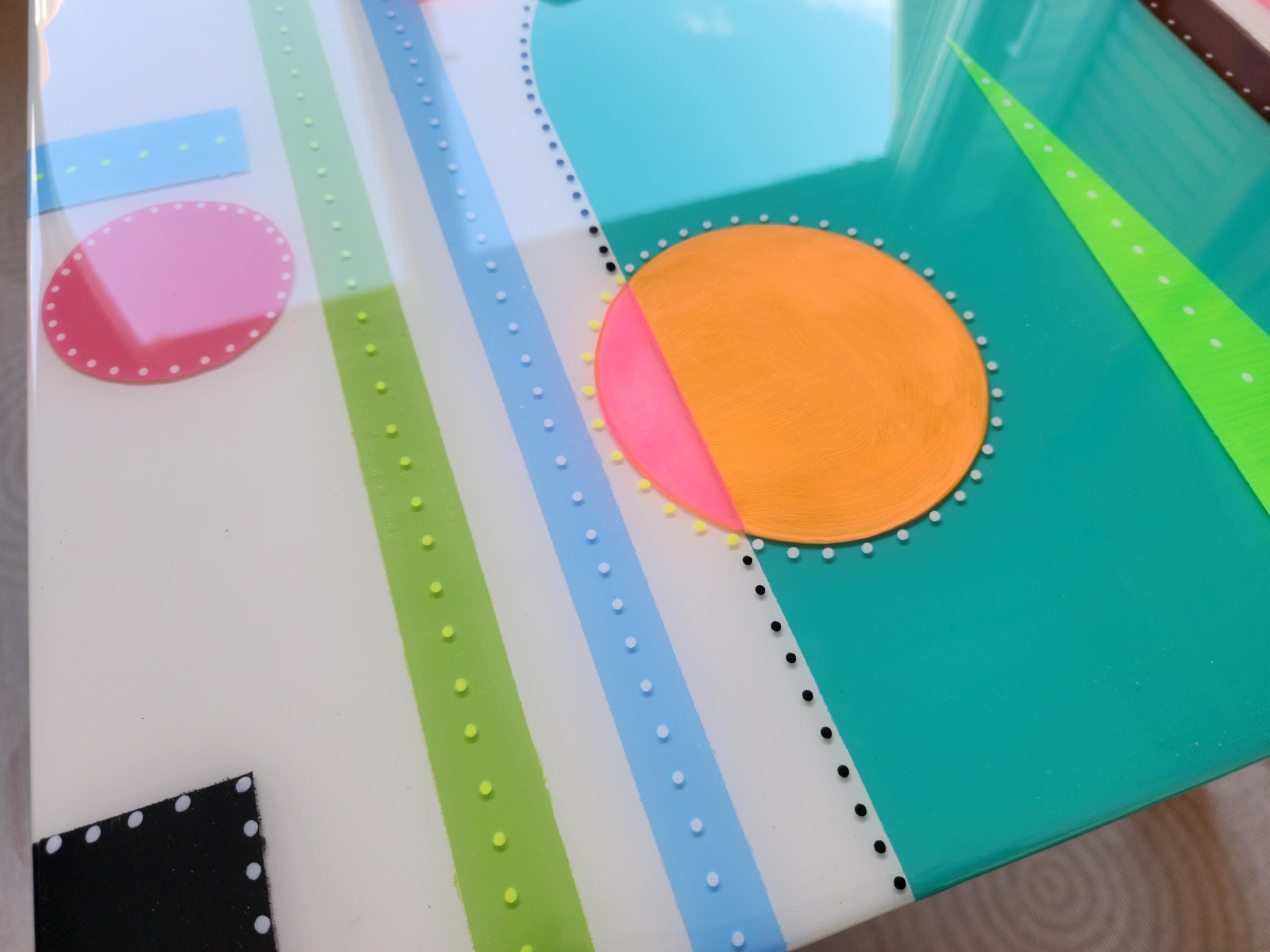 Square Colorful Funky Abstract Boho Resin Table,White Green Groovy Vibrant Wood Rainbow Retro Hippi End Side Cool Luxury Center Coffee Table