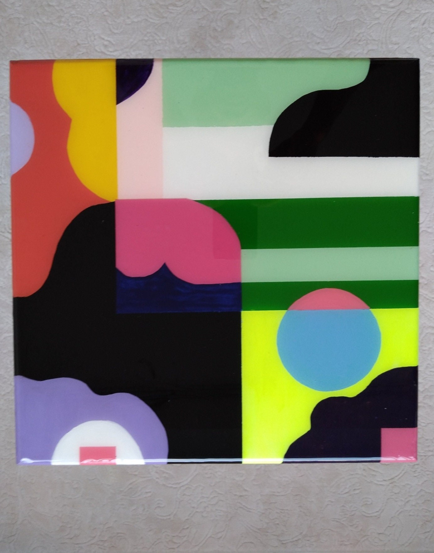 Artistic Abstract Colorful Black Epoxy Resin Coffee Table, Modern Unique Design Pink Stylish Painted Legs Cool Cute Handmade Sofa End Table