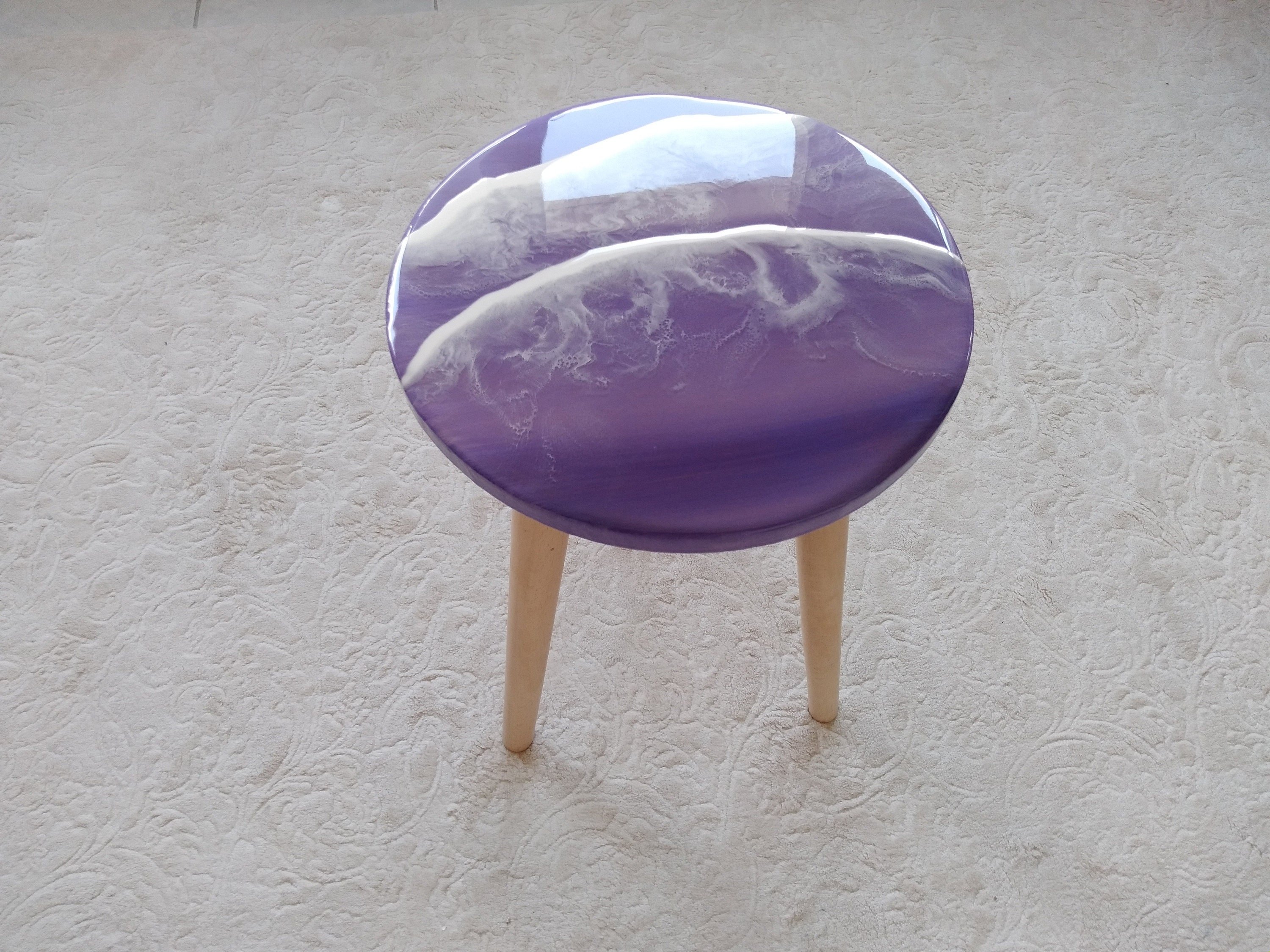 Unique Ocean Wave Resin Sofa Coffee Table, Purple Modern Natural Wood Side Art End Beach Art Design, Living Room, Bedside Bedroom Cool Table