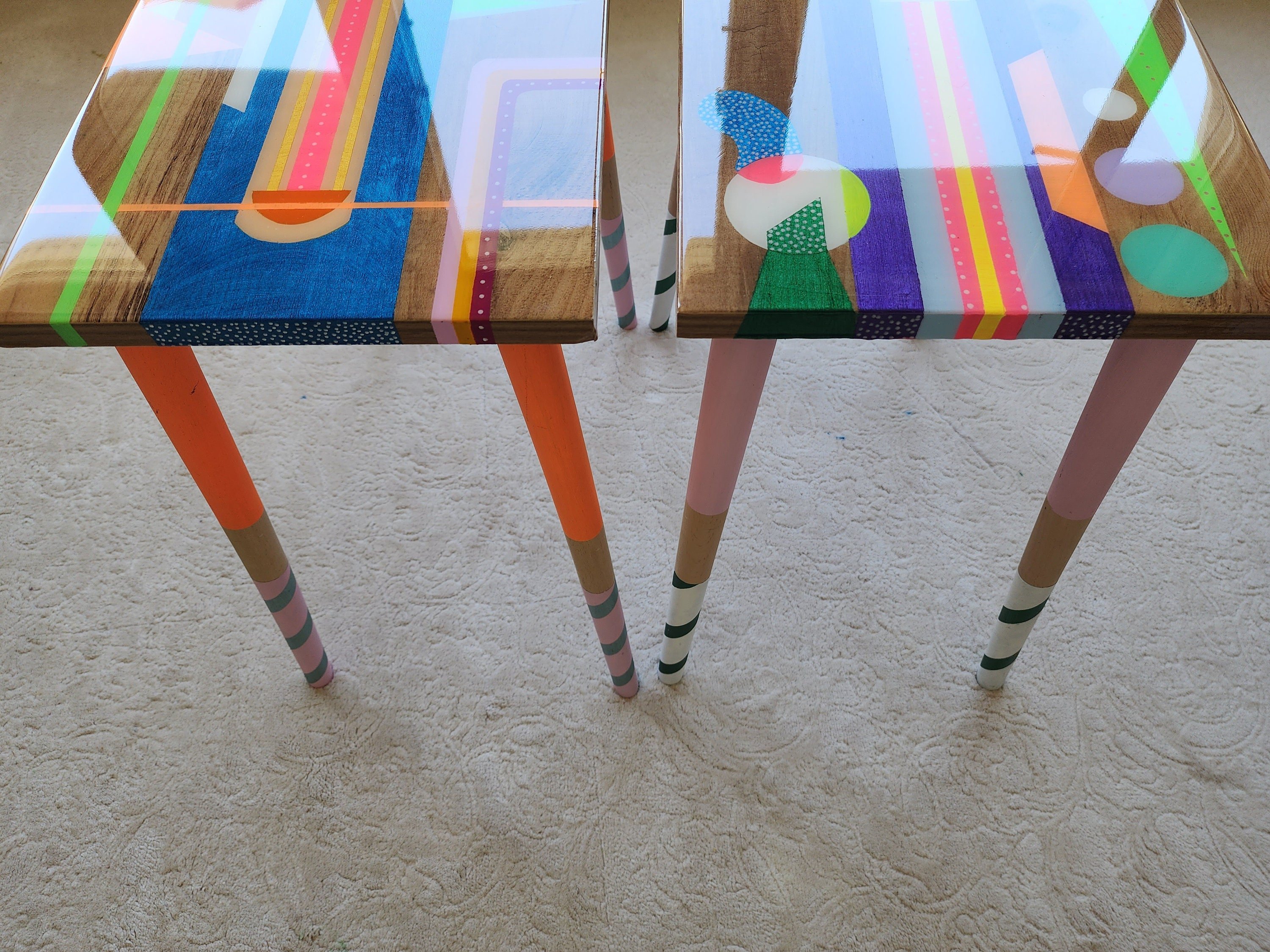 Abstract Cool Epoxy Resin Colorful Side End Tables,Rainbow Funky Groovy Vibrant Retro Modern Unique Eclectic Geometric Sofa Art Design Table