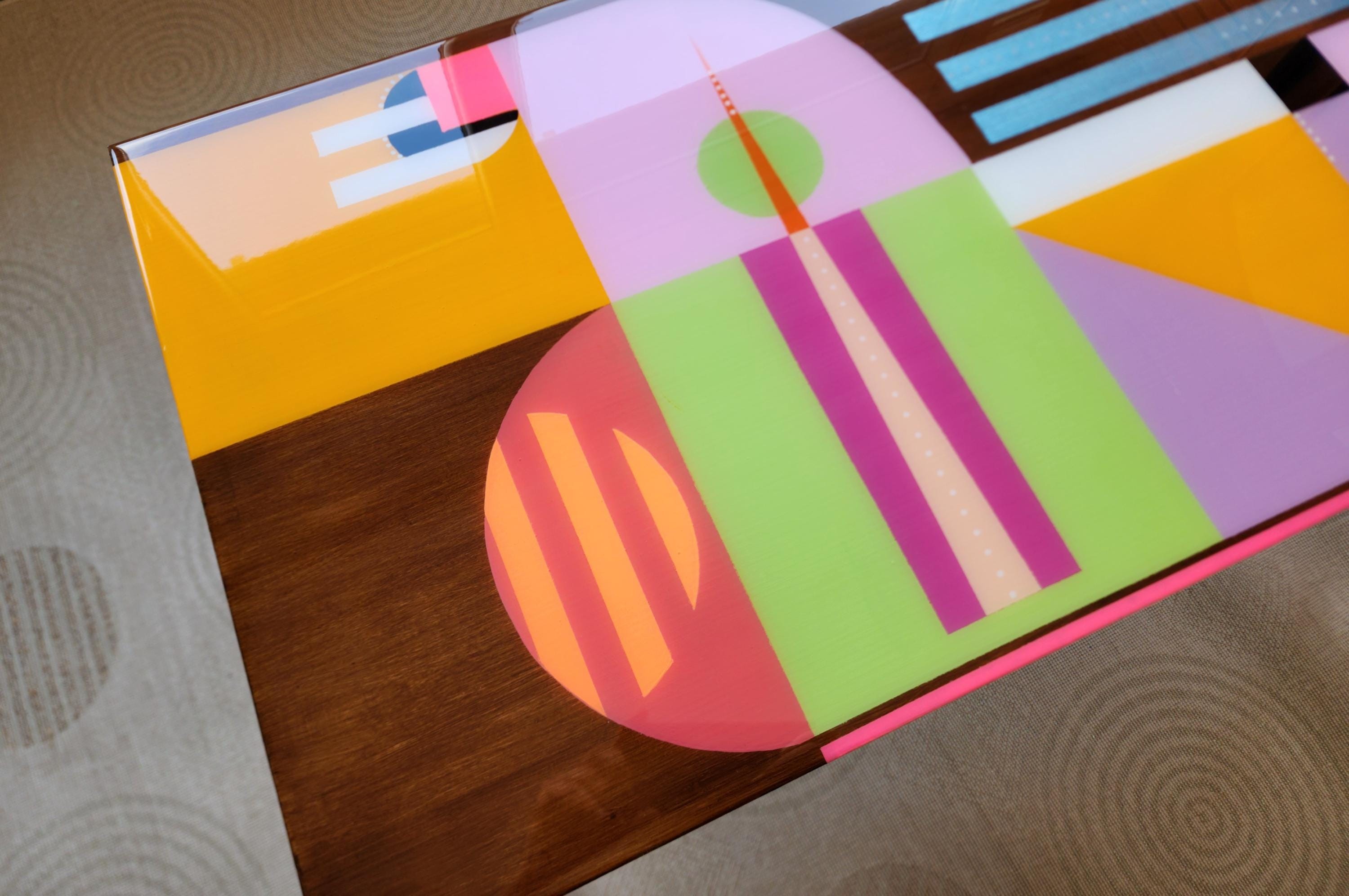 Handmade Colorful Epoxy Resin Cool Art Coffee Table,2-Shelf Metal Table Decorative Luxury Shelf Table Two-Tier Living Room Center Pink Table