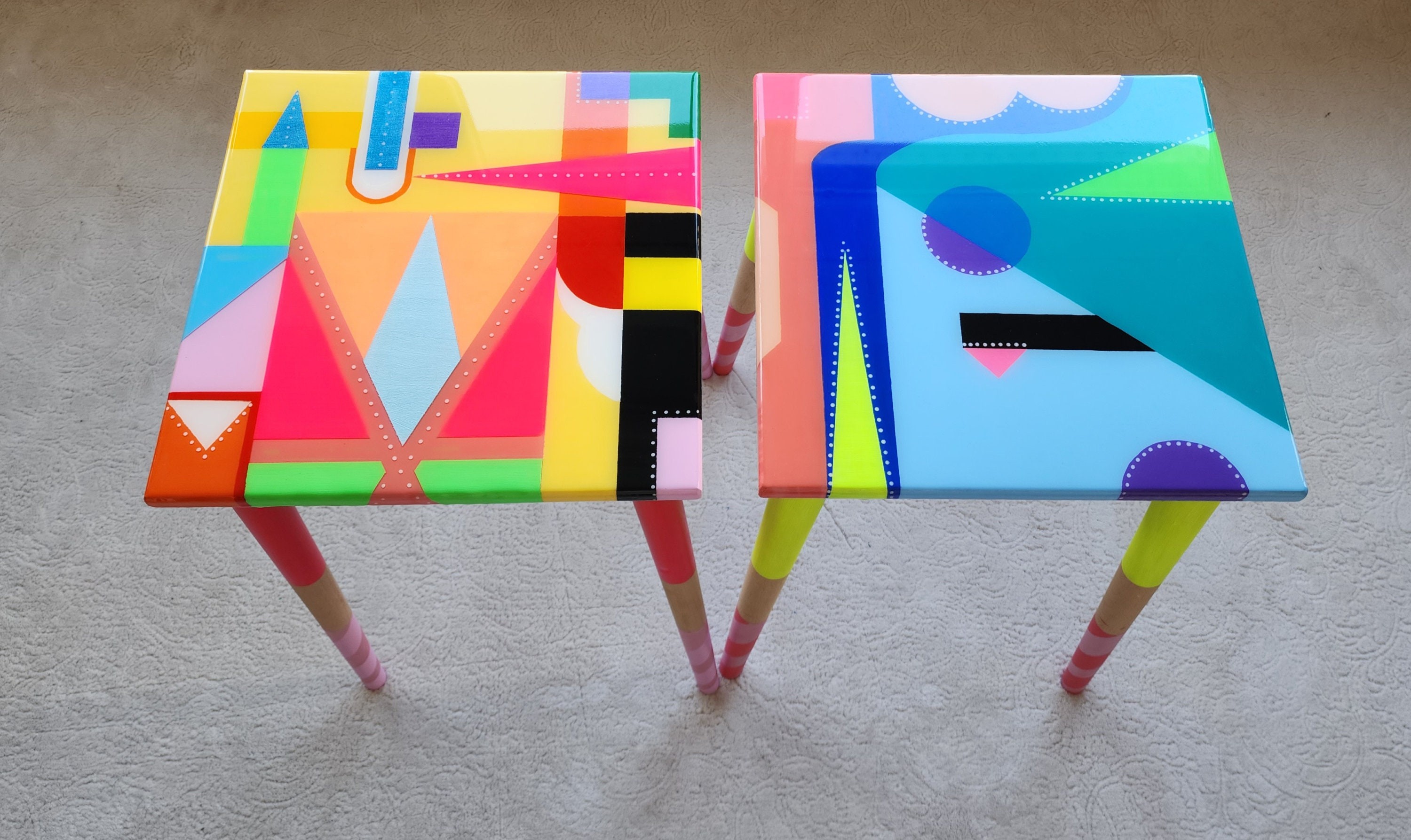 Unusual Pink Funky Colorful Side Narrow Resin Coffee Tables,Maximalist Eclectic Abstract Cool Neon Painted Leg Epoxy Cute Boho Pop Art Table