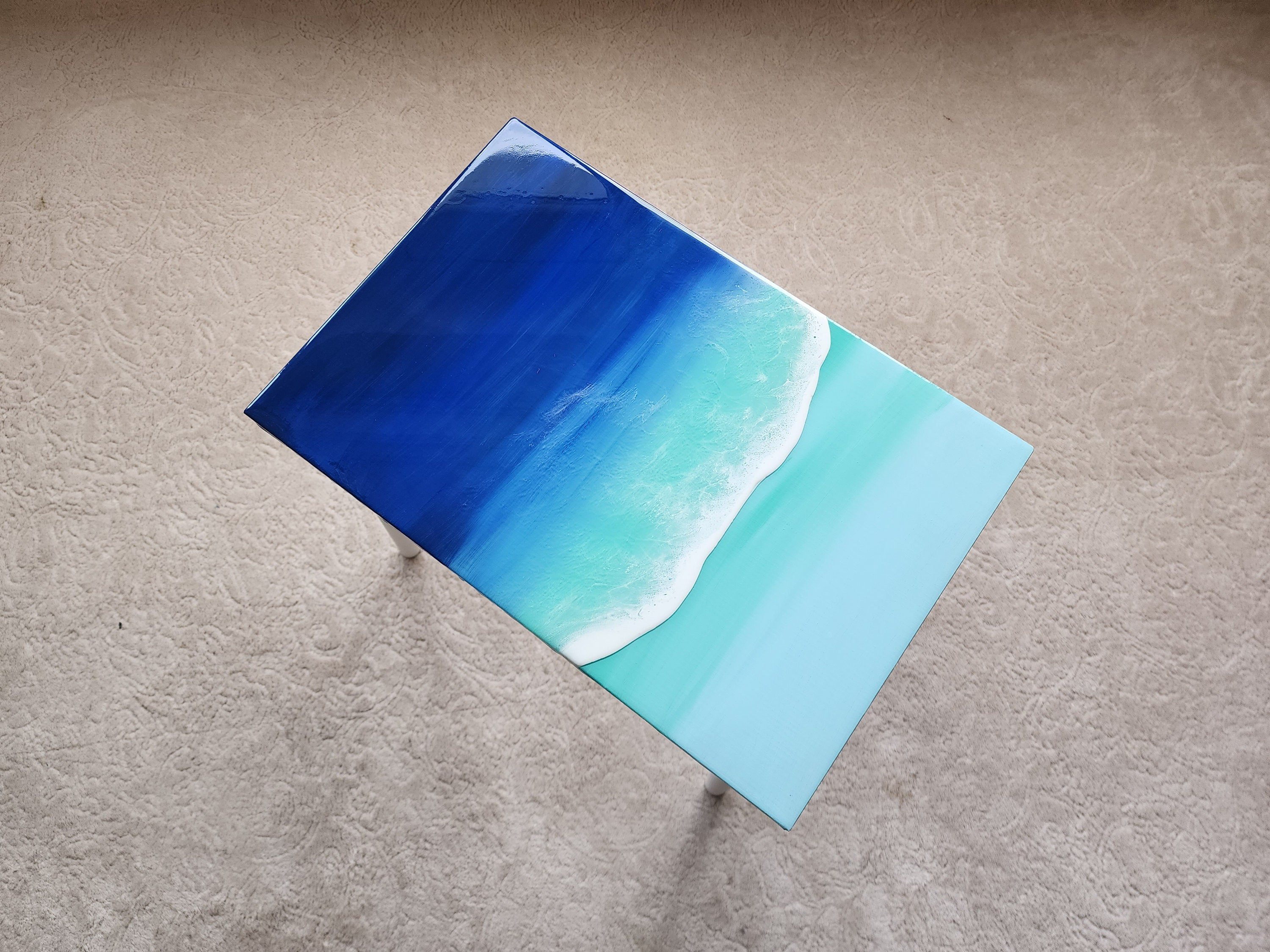 Beach Themed Epoxy Resin Ocean Wave Side Coffee Table, Coastal Blue Natural Sea Table,Unique Groovy Sofa End Table,Modern Painted Legs Table