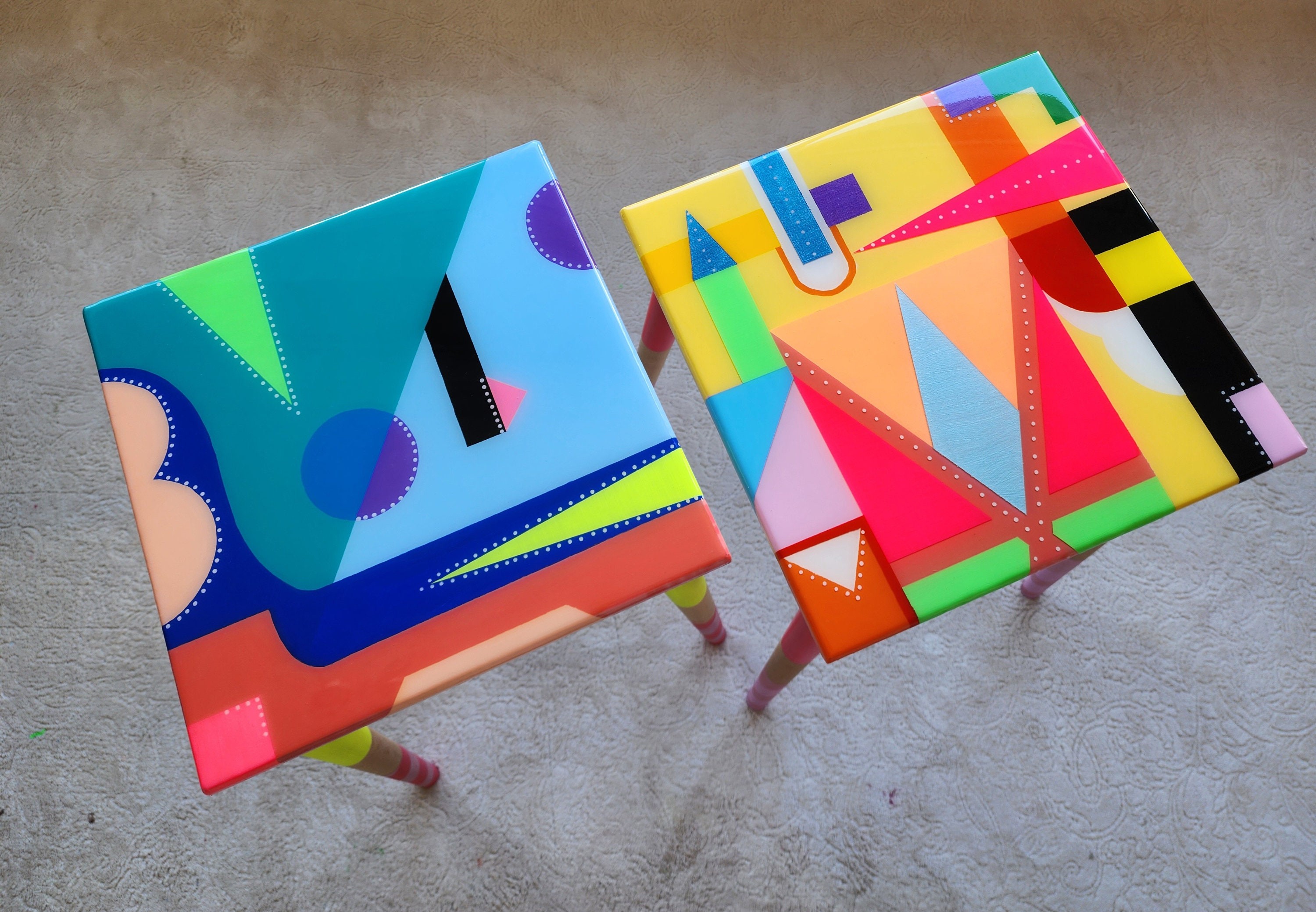 Unusual Pink Funky Colorful Side Narrow Resin Coffee Tables,Maximalist Eclectic Abstract Cool Neon Painted Leg Epoxy Cute Boho Pop Art Table