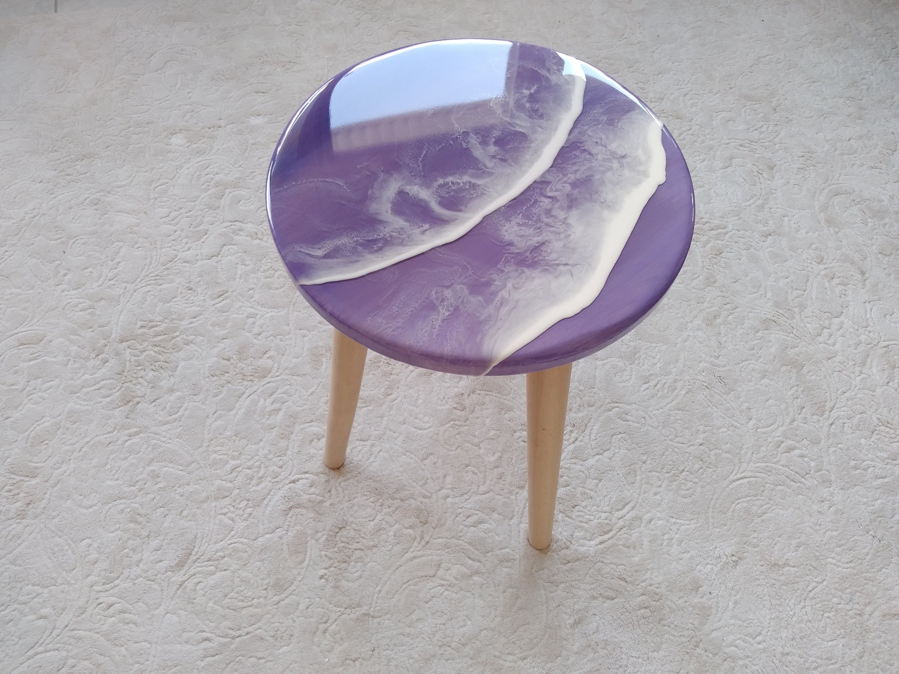 Unique Ocean Wave Resin Sofa Coffee Table, Purple Modern Natural Wood Side Art End Beach Art Design, Living Room, Bedside Bedroom Cool Table