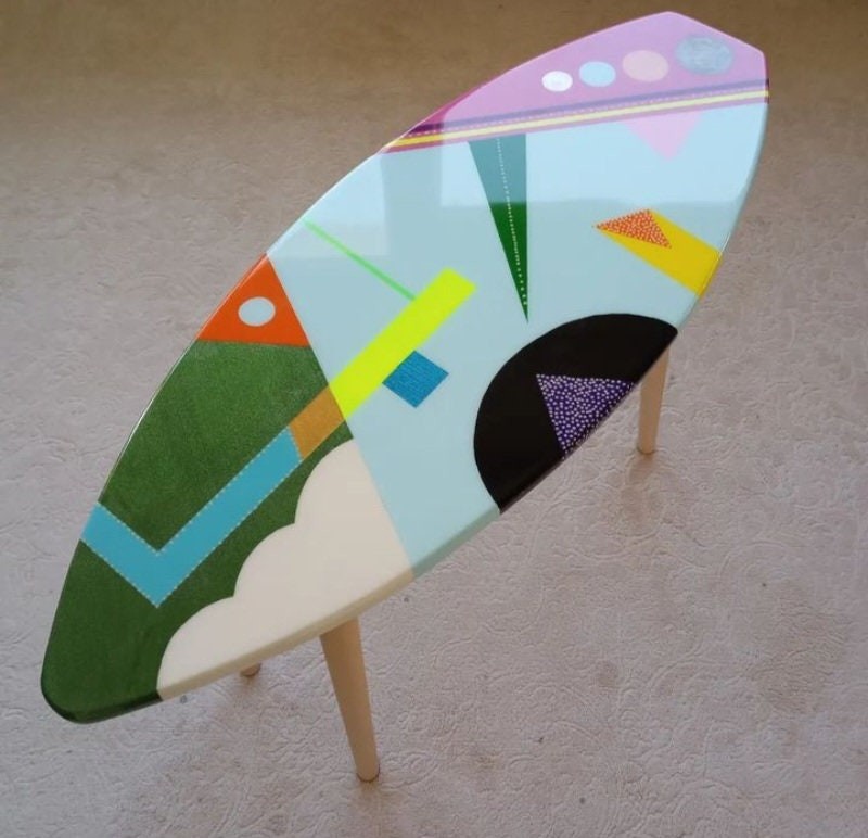 Colorful Abstract Vibrant Rainbow Resin Surfboard Table, Blue Stylish Marine Beach House Decor,Side End Pop Art Funky Cool Epoxy Cute Table