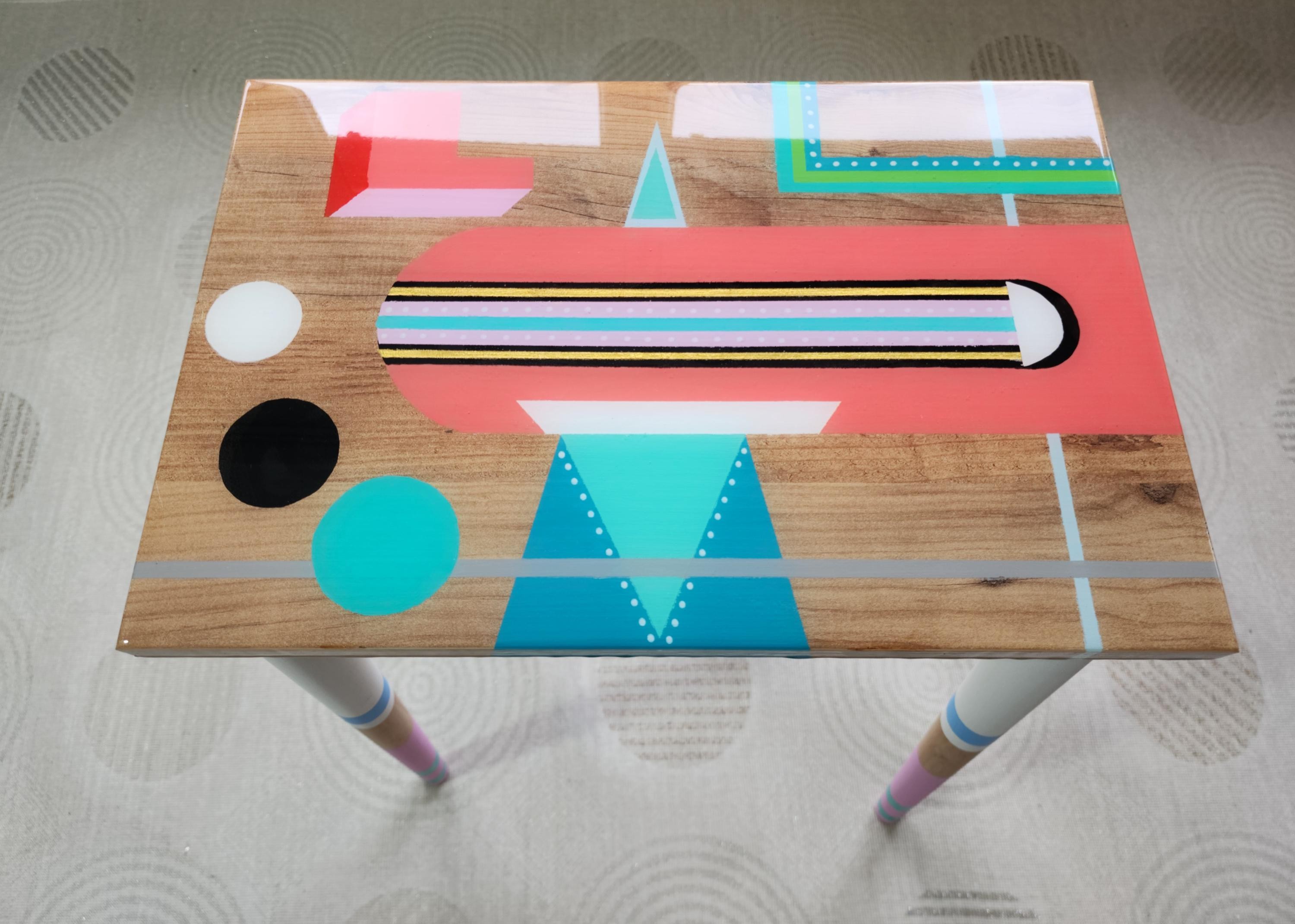Unusual Unique Wooden Colorful Funky Epoxy Resin Side Coffee Table, Eclectic Rainbow Abstract Pop Art Hand Painted Cute Retro End Sofa Table