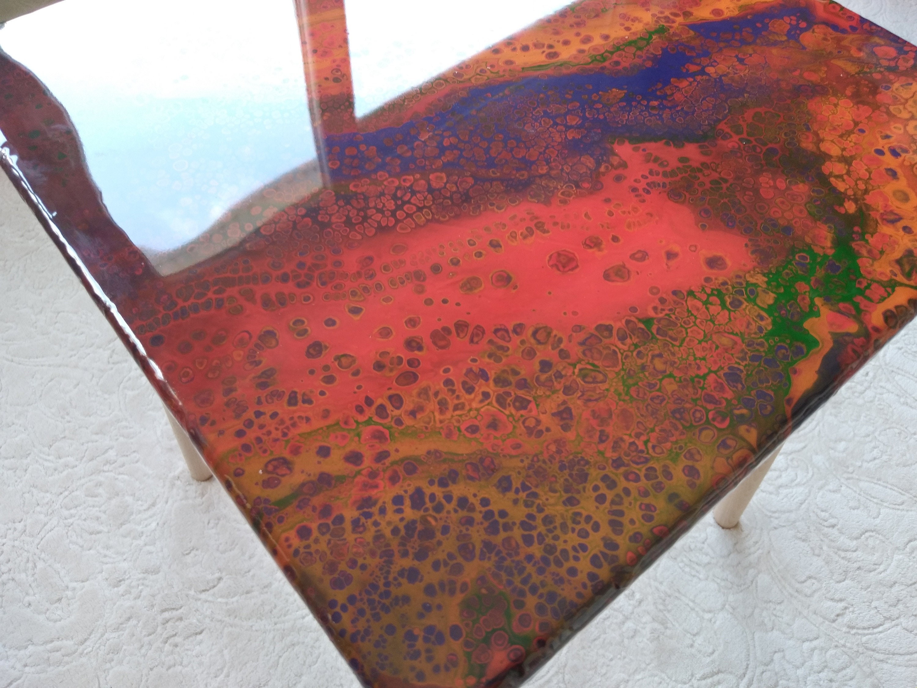 Small Boho Resin Wood Side Coffee Table, Modern Square Wooden Red Blue Unique End Low Sofa Bedside Bedroom Abstract Epoxy Art Coffee Table