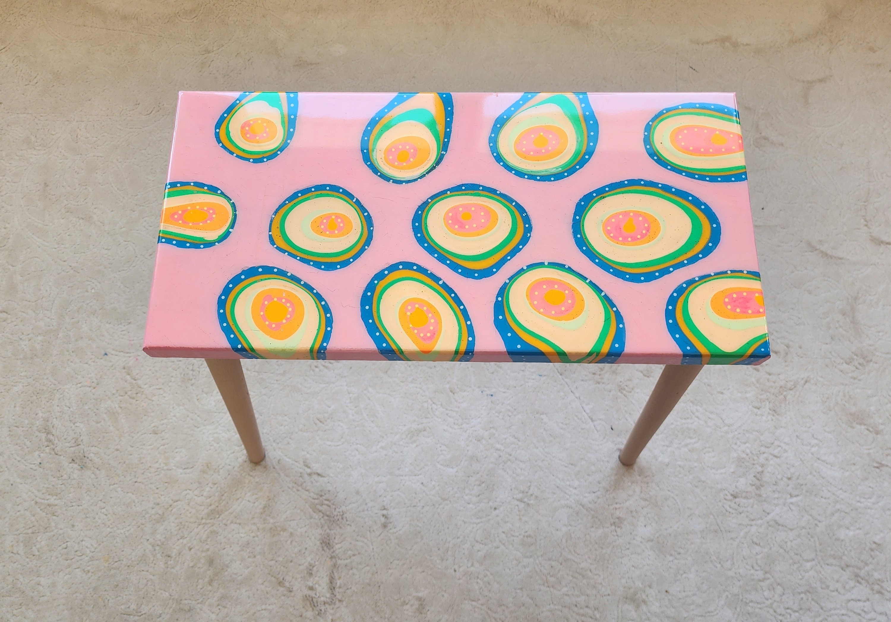 Unusual Pink Funky Colorful Side Narrow Resin Coffee Table, Maximalist Eclectic Abstract Cool Neon Painted Leg Epoxy Cute Boho Pop Art Table
