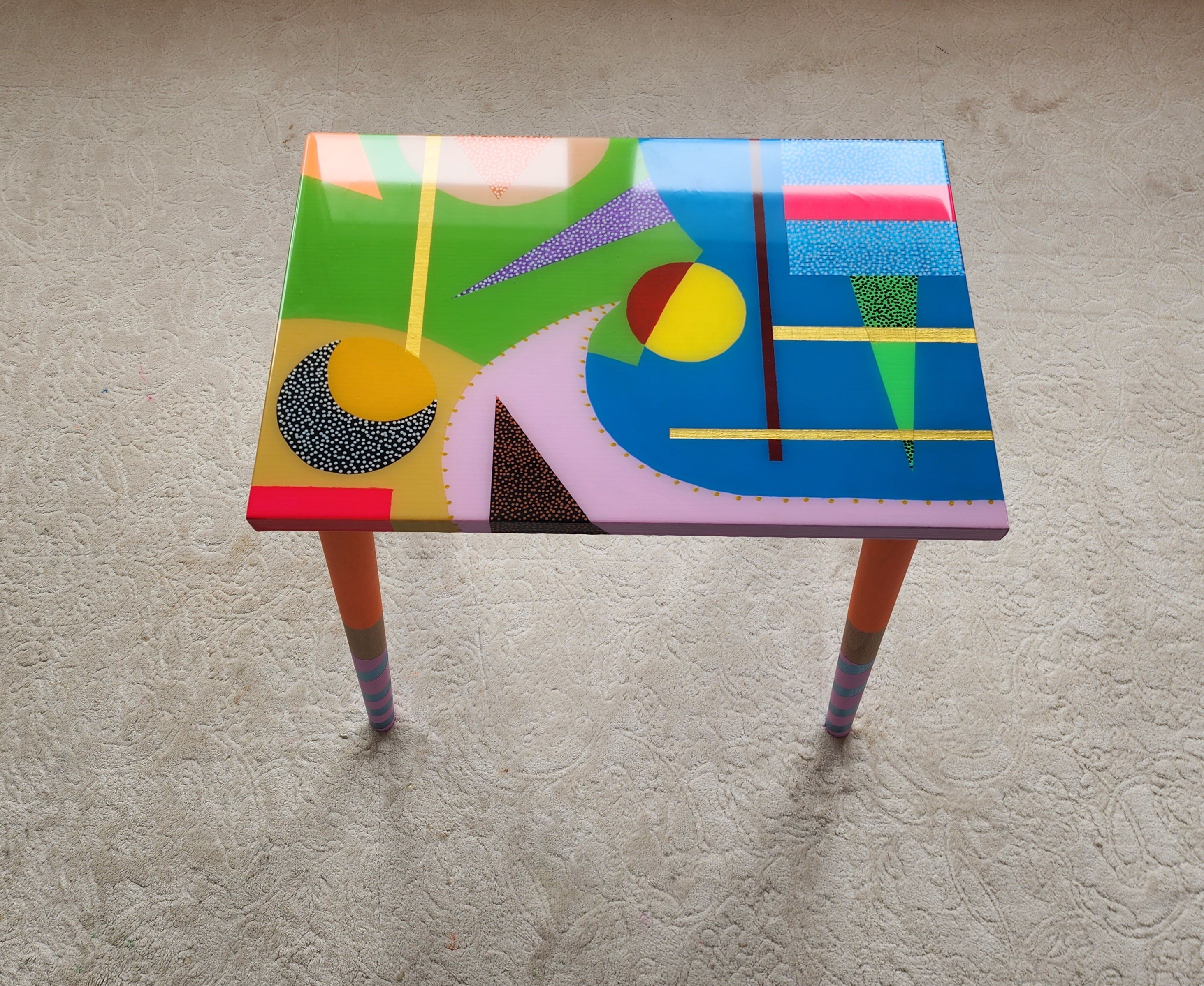 Unusual Unique Wooden Retro Epoxy Resin Blue Green Side Coffee Table