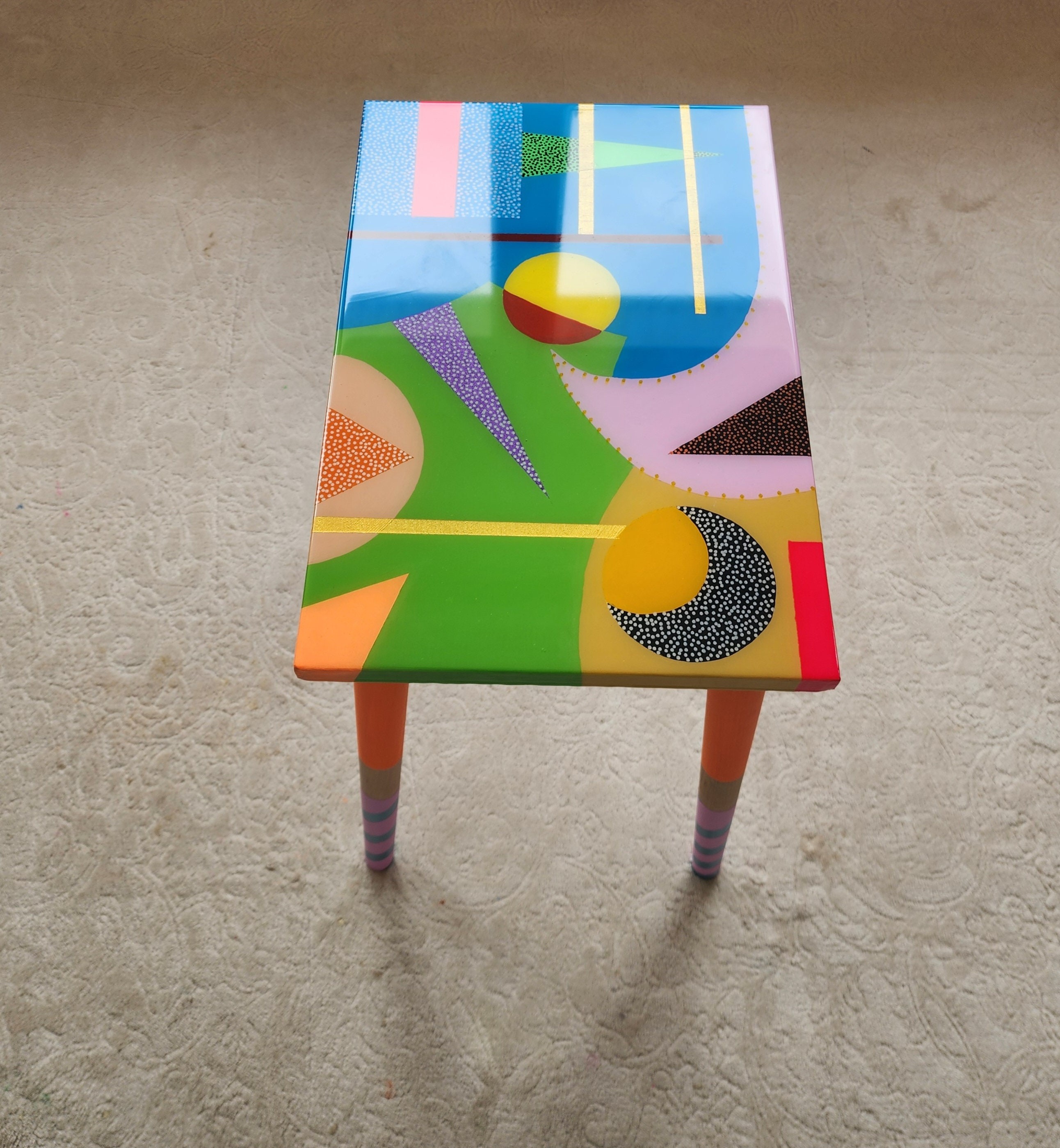 Unusual Unique Wooden Retro Epoxy Resin Blue Green Side Coffee Table