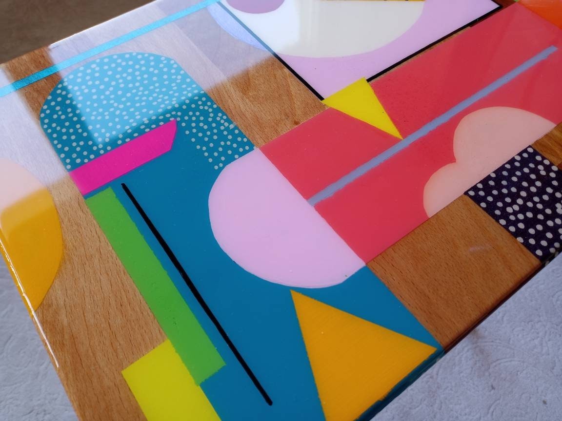 Small Wooden Handmade Resin Cool Side Coffee Table,Pink Modern Bedside Living Room Entryway End Colorful Abstract Funky Boho Epoxy Art Table