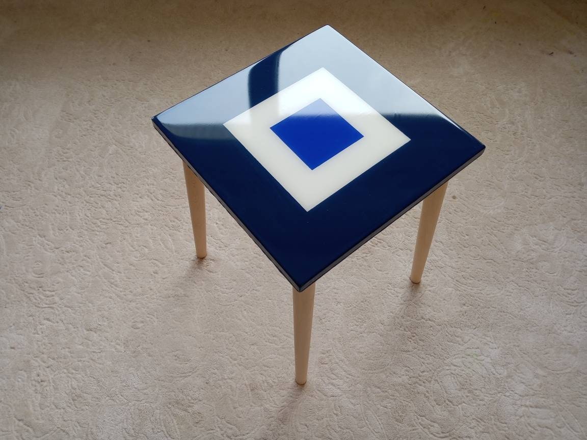 Square Resin Blue White Narrow Side Coffee Tables, Unique Wooden Bedside Living Room Modern Center End Sofa Minimal Abstract Epoxy Tables