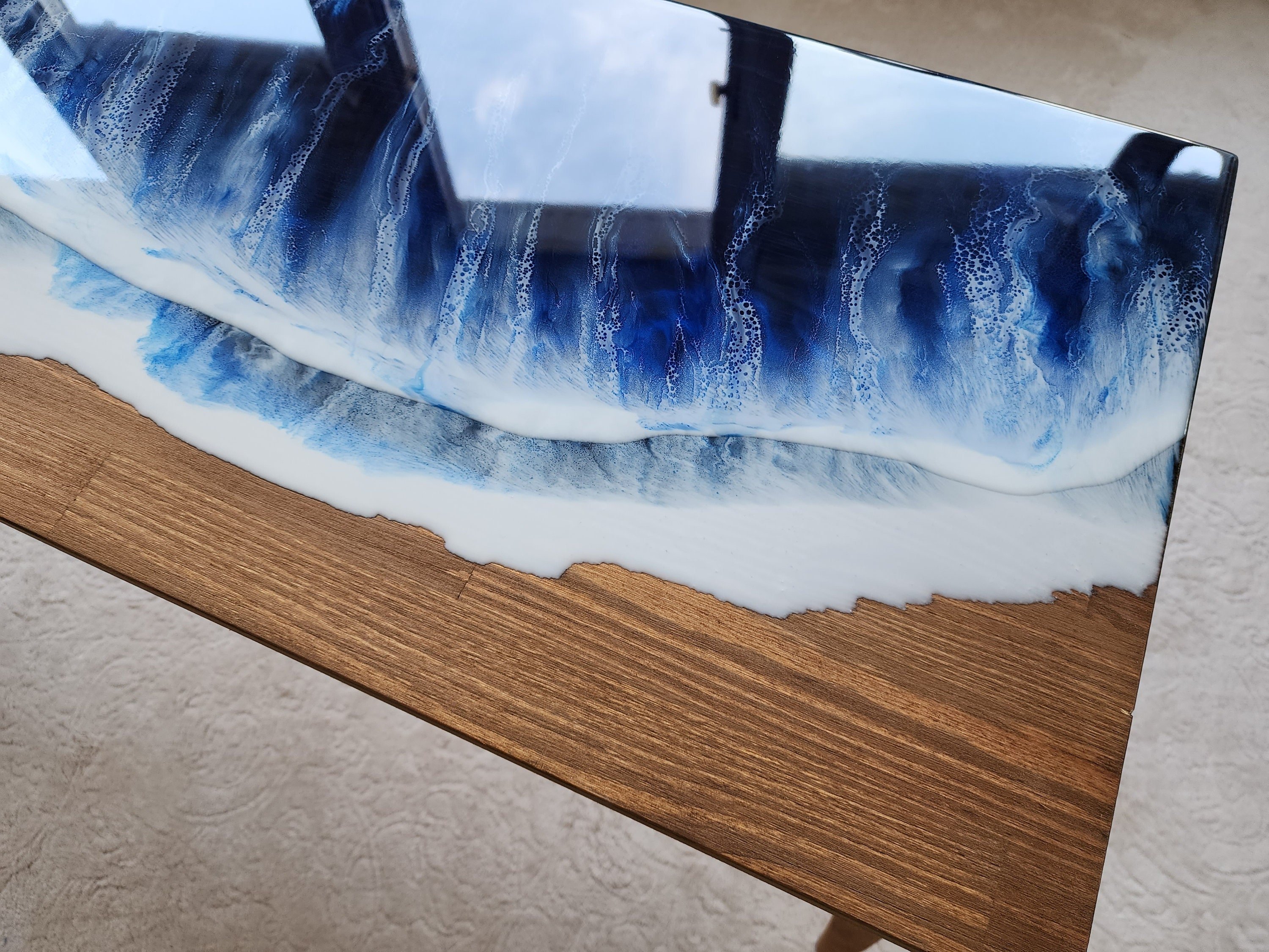 Natural Ocean Wave Blue Epoxy Resin Side Table, Wooden Beach Themed Living Room Bedroom Entryway Nautical Cool End Sofa Sea Art Coffee table