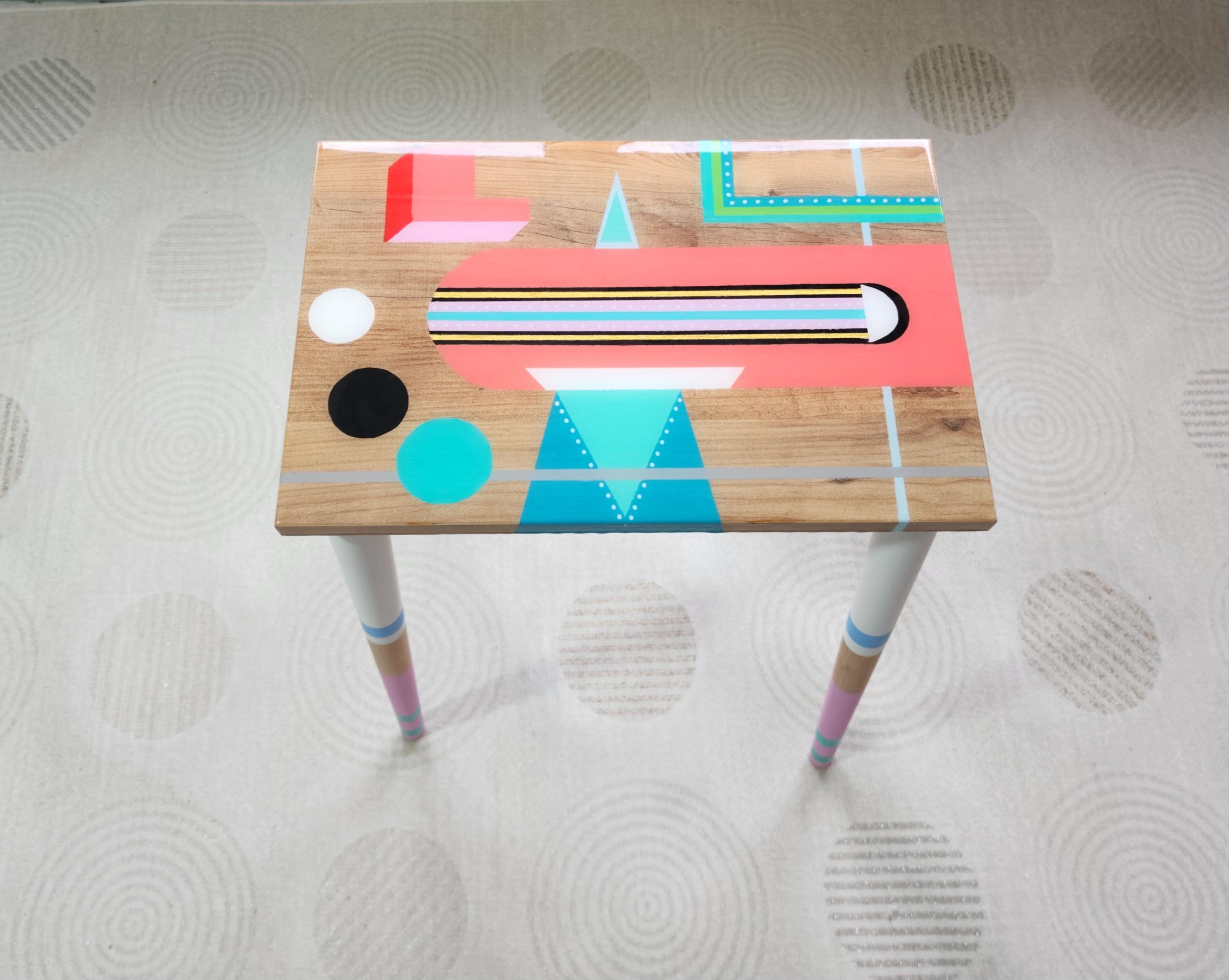 Unusual Unique Wooden Colorful Funky Epoxy Resin Side Coffee Table, Eclectic Rainbow Abstract Pop Art Hand Painted Cute Retro End Sofa Table